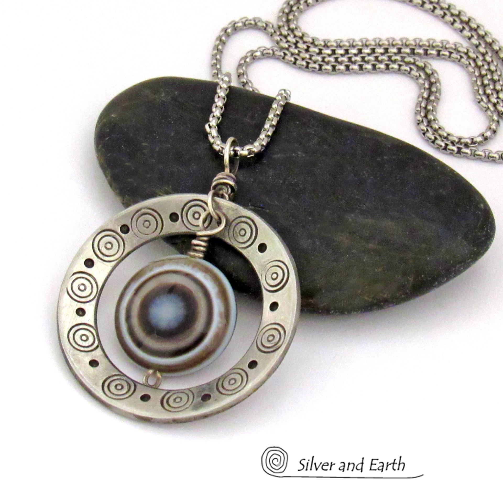 Silver Pewter Hand Stamped Circle Necklace with Black White Eye Agate Stone - Bold Unique One of a Kind Jewelry