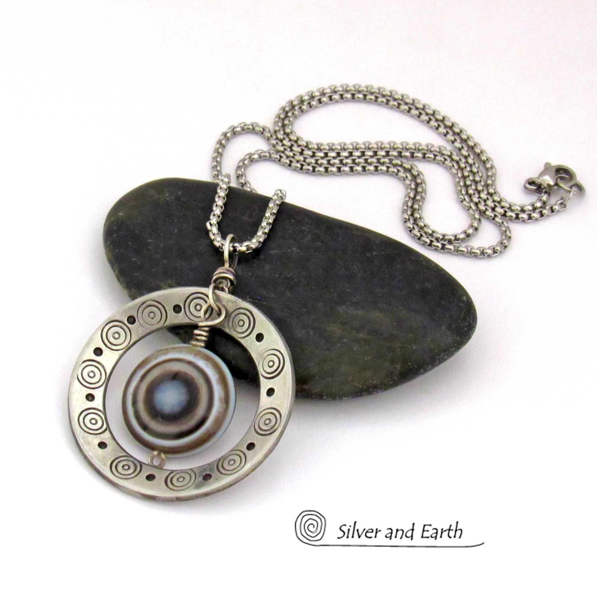 Silver Pewter Hand Stamped Circle Necklace with Black White Eye Agate Stone - Bold Unique One of a Kind Jewelry