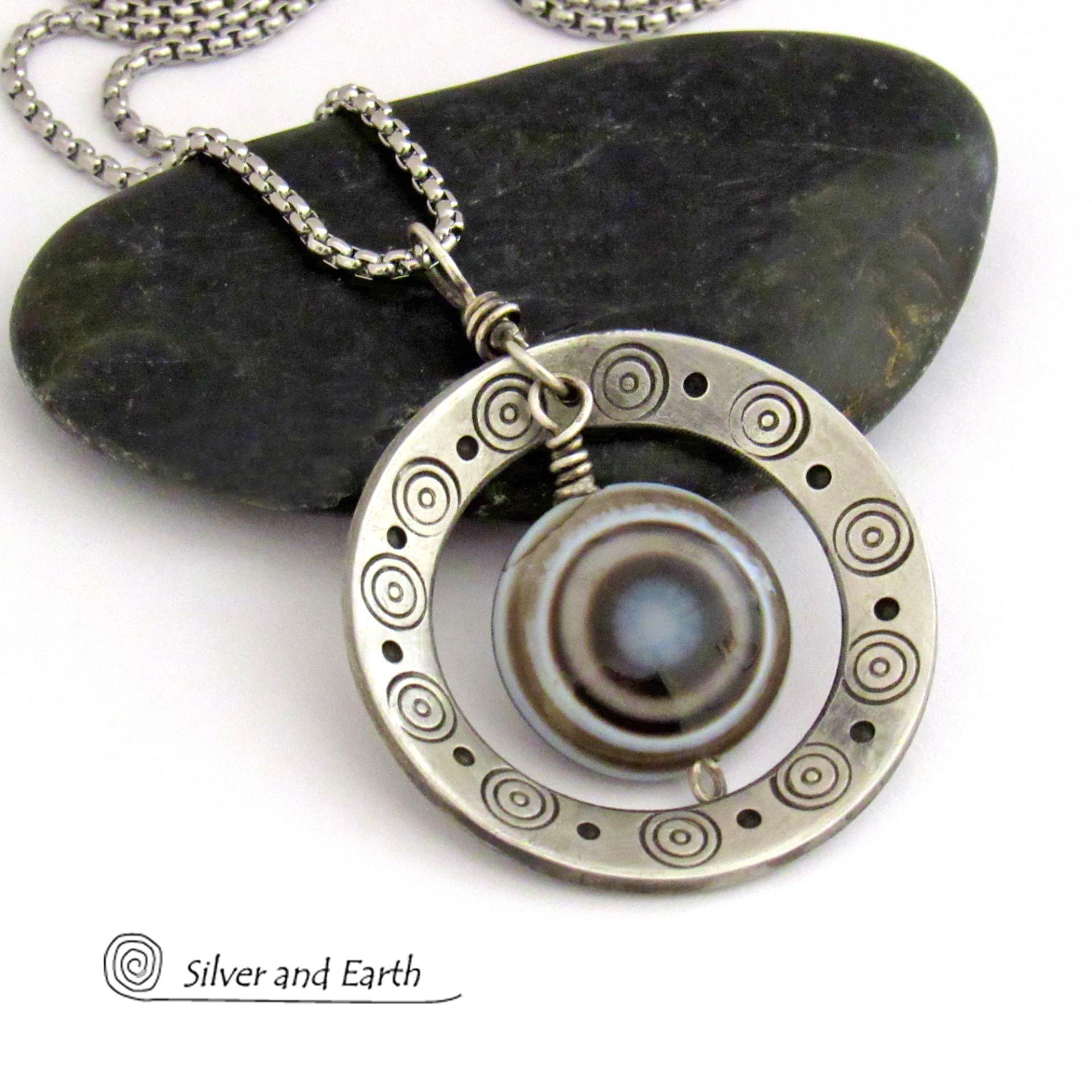Silver Pewter Hand Stamped Circle Necklace with Black White Eye Agate Stone - Bold Unique One of a Kind Jewelry