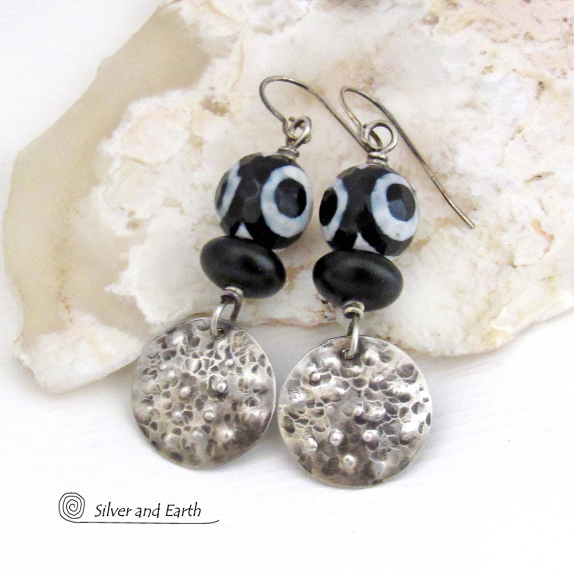 Small Sterling Silver Earrings with Black & White Faceted Tibetan Eye Agate Gemstones