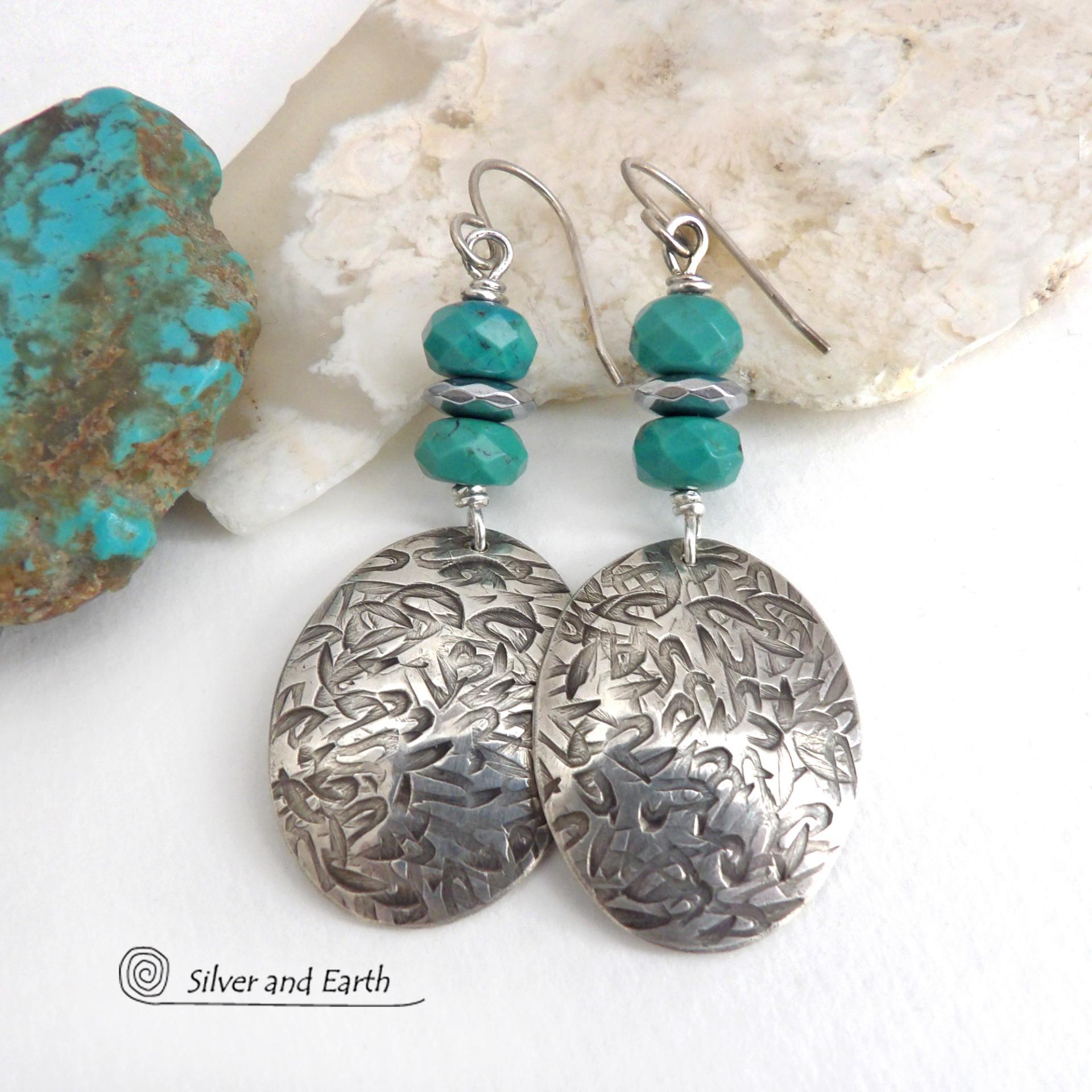 Handcrafted earrings with sterling silver oval dangles with a hand stamped texture accented with natural turquoise and hematite gemstones. The stones have a faceted finish which casts off a natural sparkle and shine. They have a modern style with southwestern flair that looks great with all wardrobe types. Perfect for women that love modern style southwest jewelry. Handmade in the USA by Silver and Earth Jewelry, a New Mexico True Certified business.