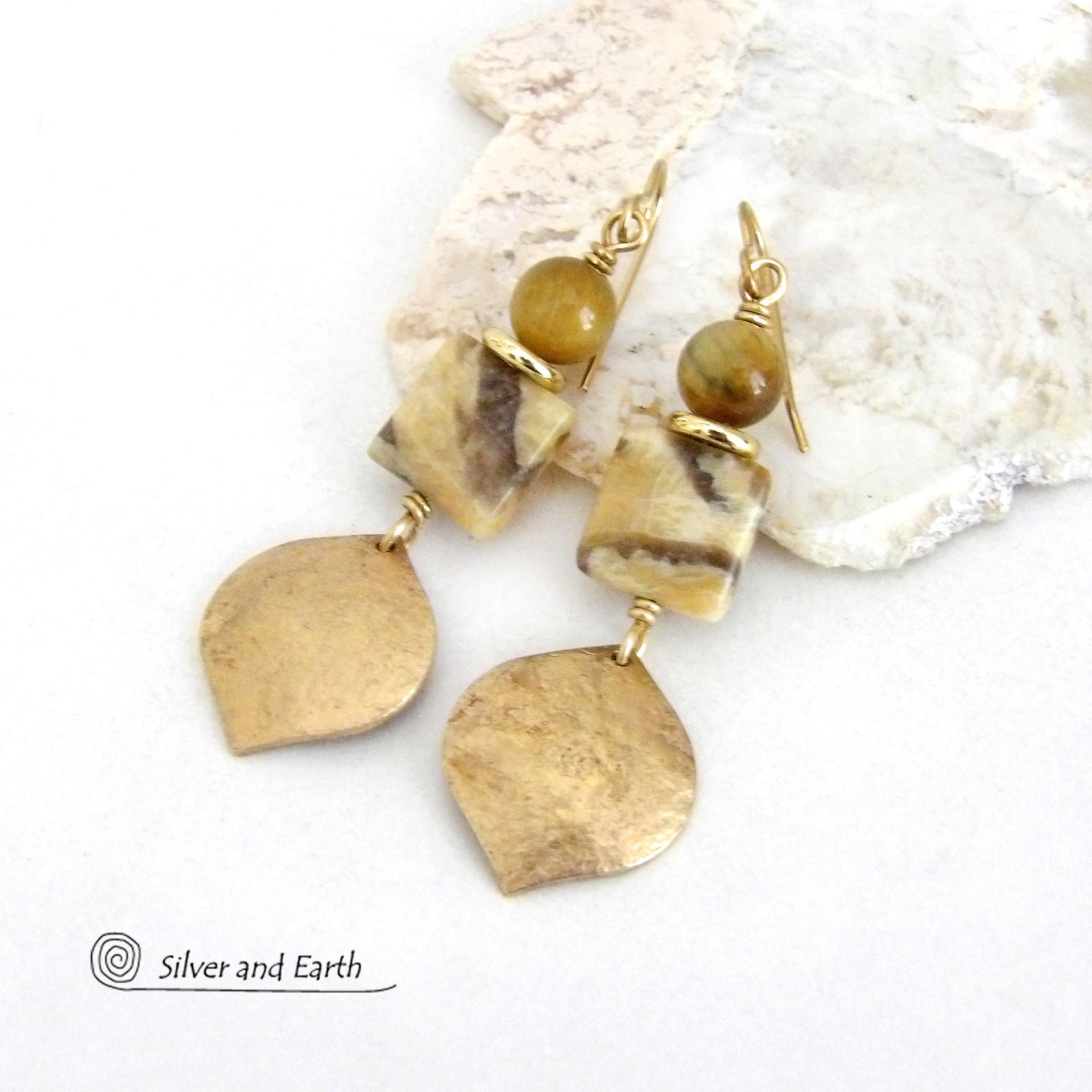 Shiny Gold Brass Dangle Earrings with Graphic Feldspar and Golden Tiger's Eye Gemstones