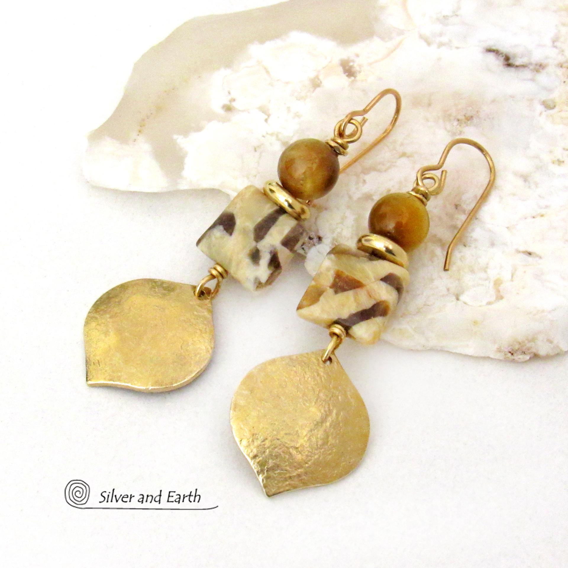Shiny Gold Brass Dangle Earrings with Graphic Feldspar and Golden Tiger's Eye Gemstones