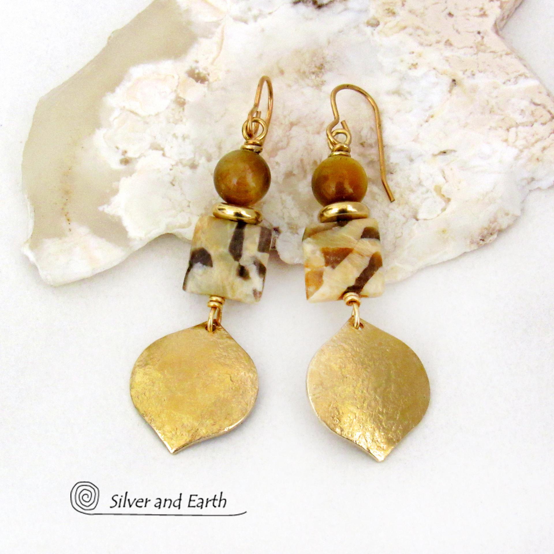 Shiny Gold Brass Dangle Earrings with Graphic Feldspar and Golden Tiger's Eye Gemstones
