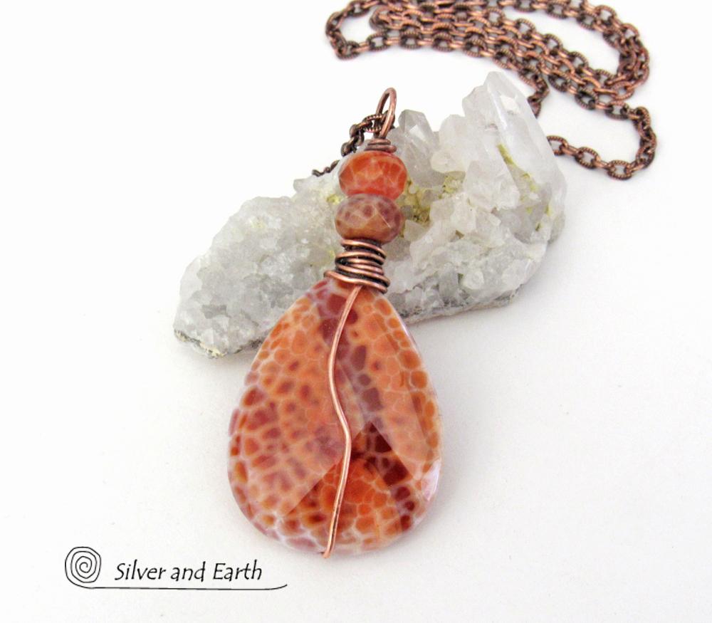 Orange Fire Agate Gemstone Pendant Necklace Wire Wrapped in Copper - Earthy Modern One of a Kind Gemstone Jewelry
