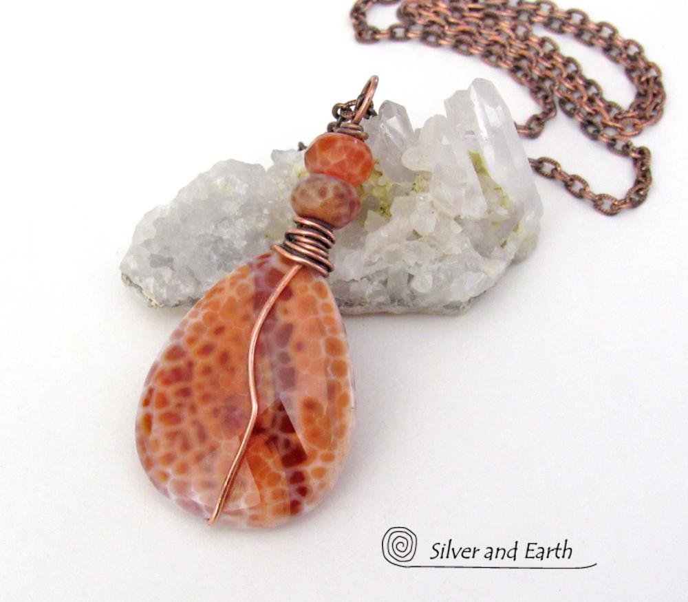 Orange Fire Agate Gemstone Pendant Necklace Wire Wrapped in Copper - Earthy Modern One of a Kind Gemstone Jewelry