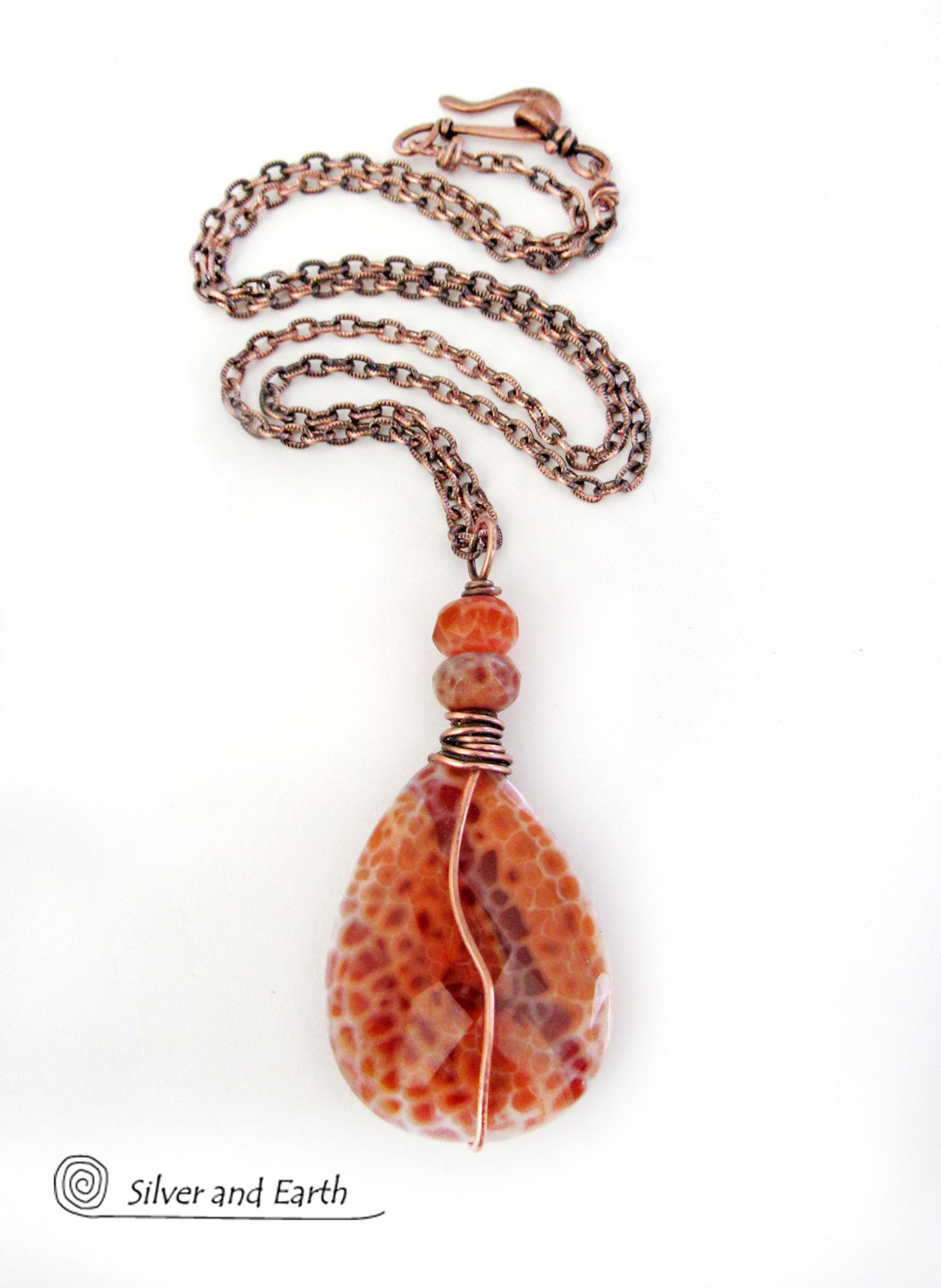Orange Fire Agate Gemstone Pendant Necklace Wire Wrapped in Copper - Earthy Modern One of a Kind Gemstone Jewelry