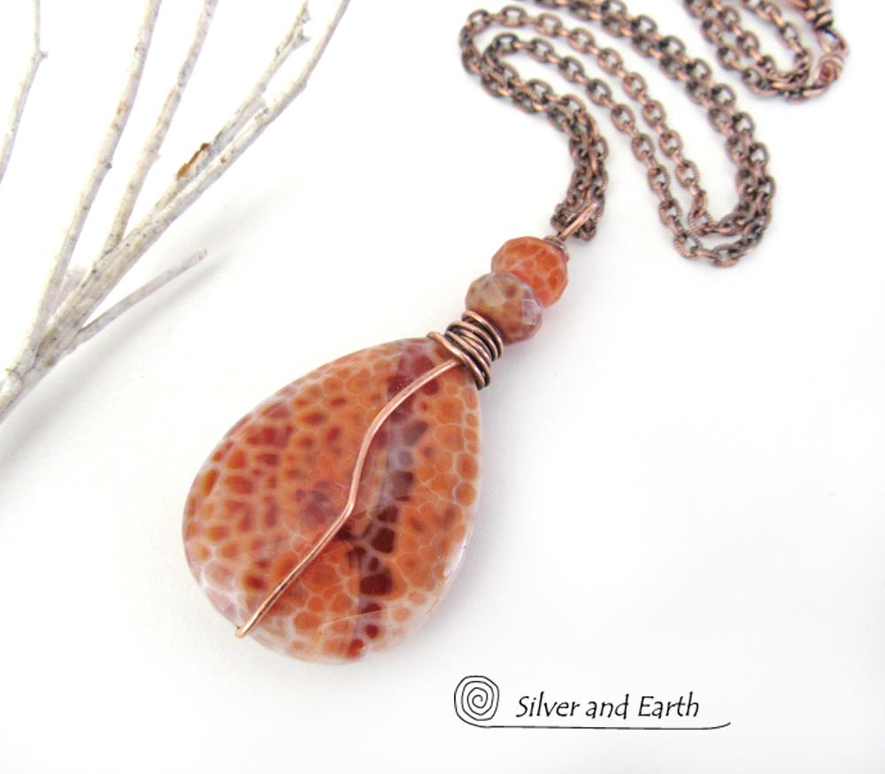 Orange Fire Agate Gemstone Pendant Necklace Wire Wrapped in Copper - Earthy Modern One of a Kind Gemstone Jewelry