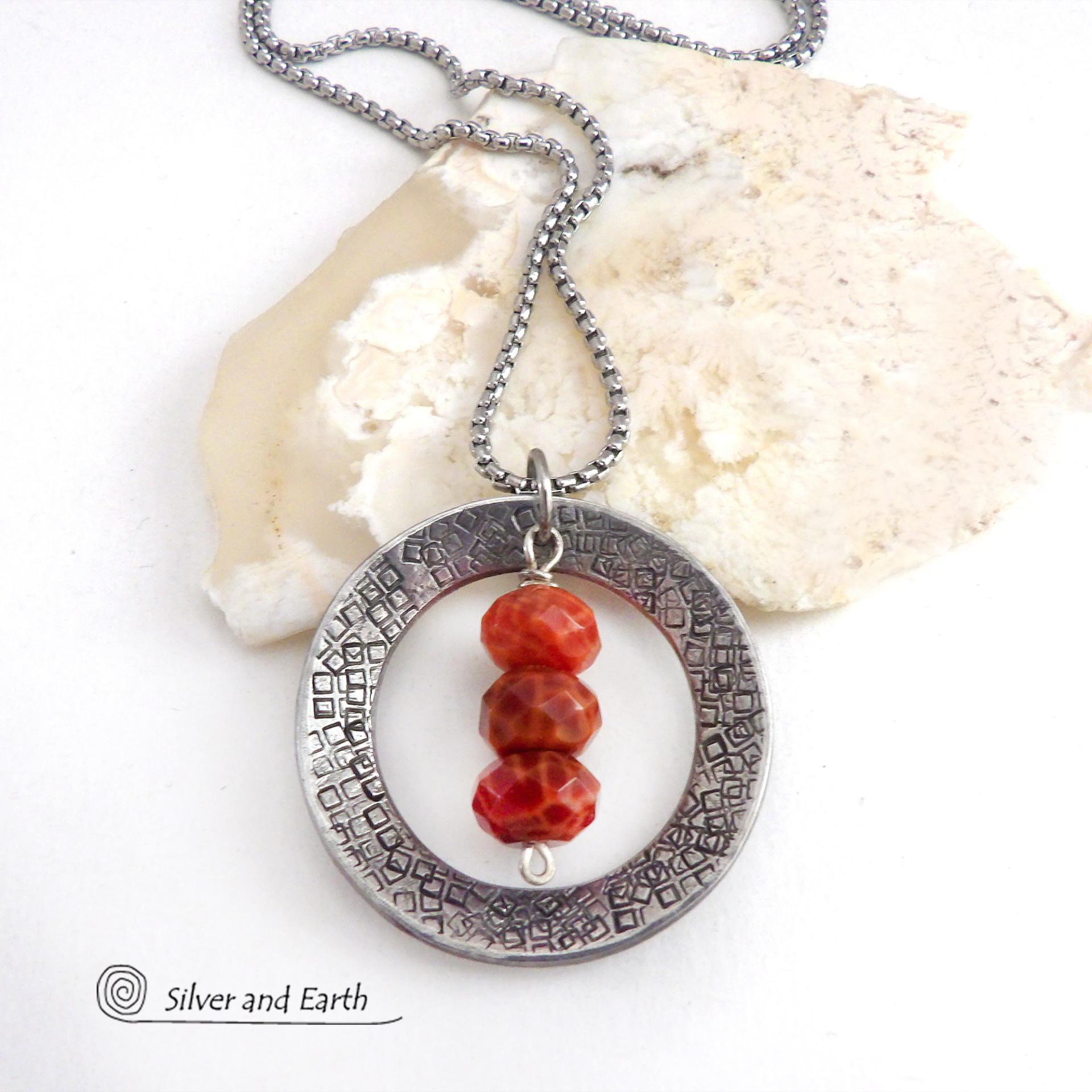 Hand Stamped Silver Pewter Circle Pendant Necklace with Faceted Orange Fire Agate Gemstones 
