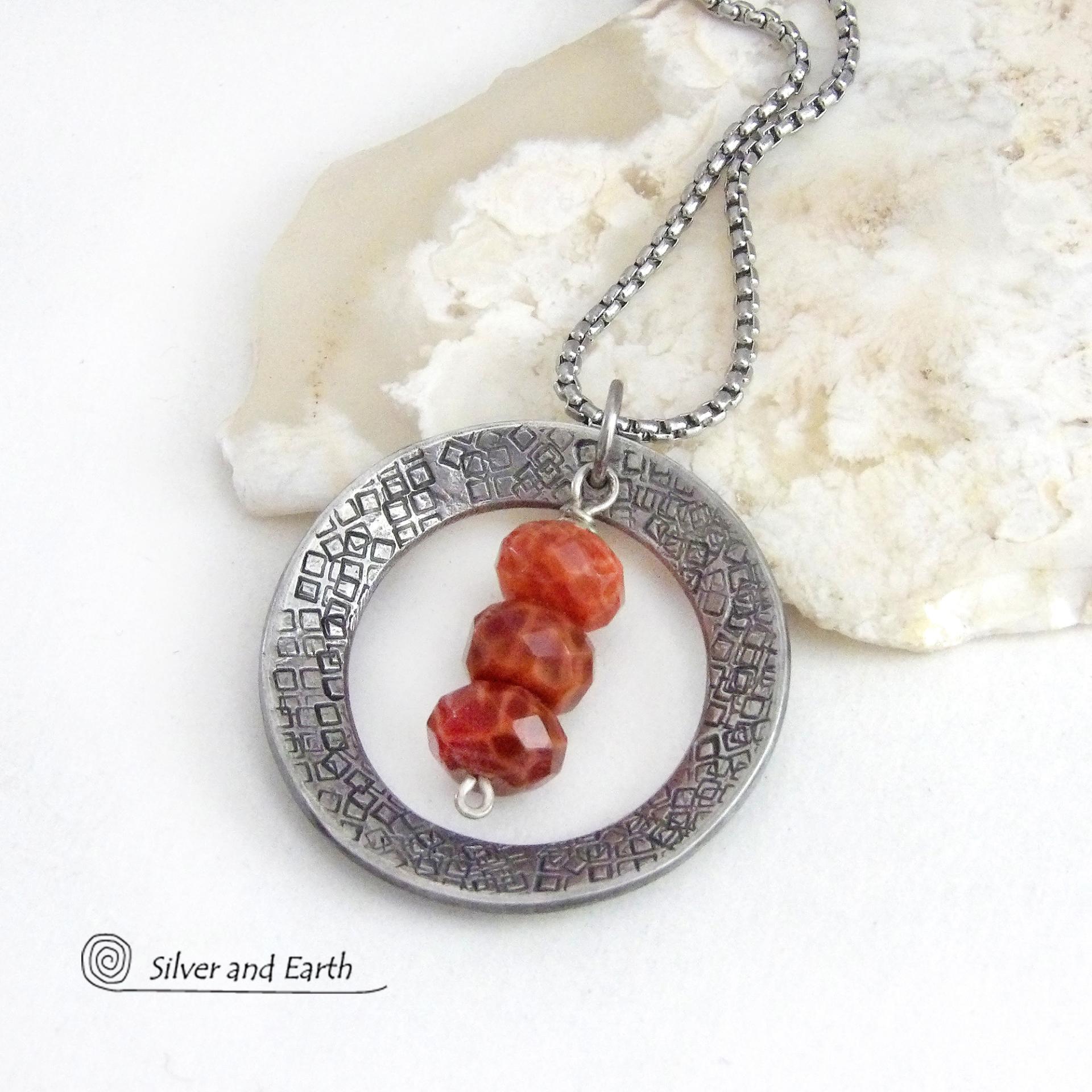 Hand Stamped Silver Pewter Circle Pendant Necklace with Faceted Orange Fire Agate Gemstones 