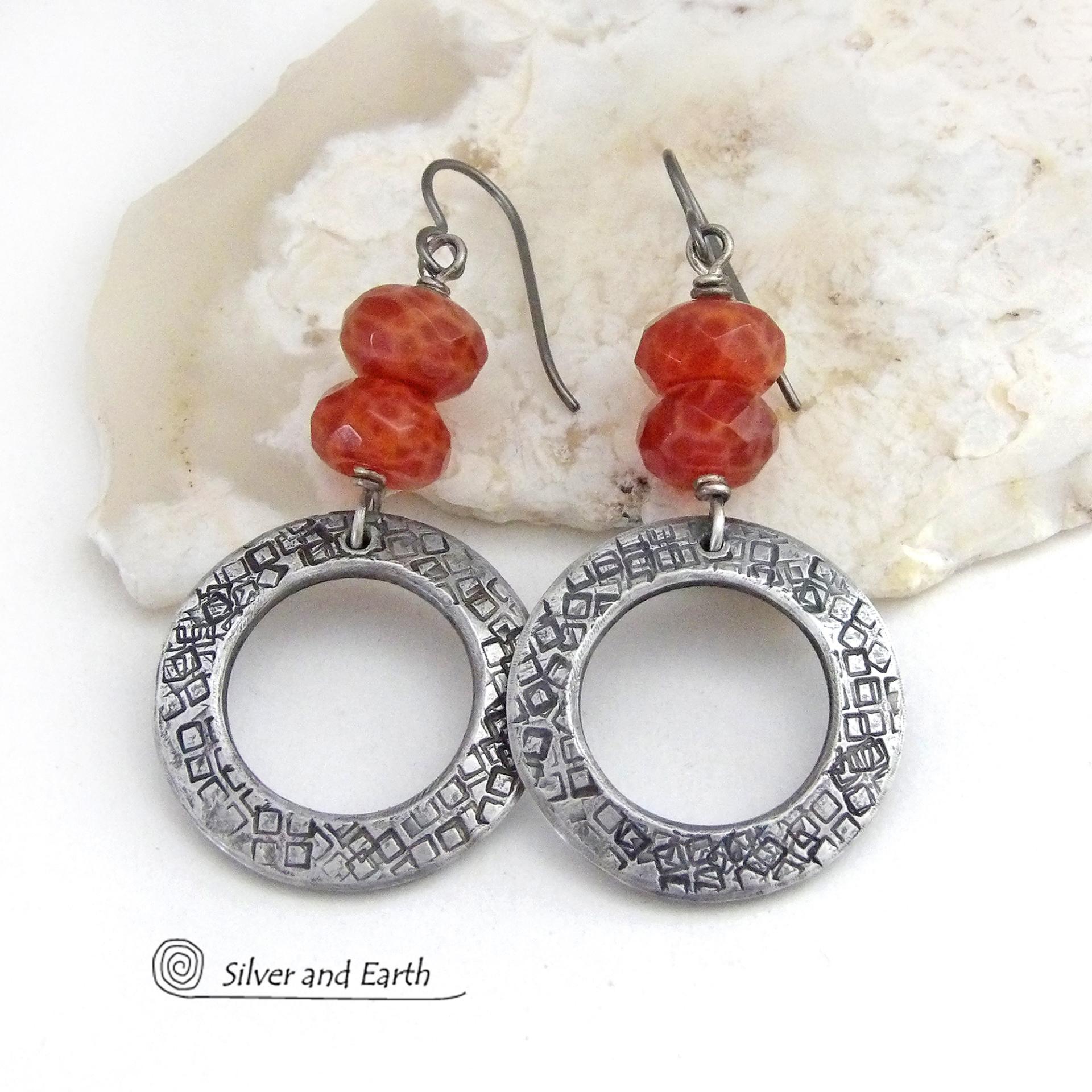 Hand Stamped Silver Pewter Circle Hoop Earrings with Faceted Orange Fire Agate Gemstones
