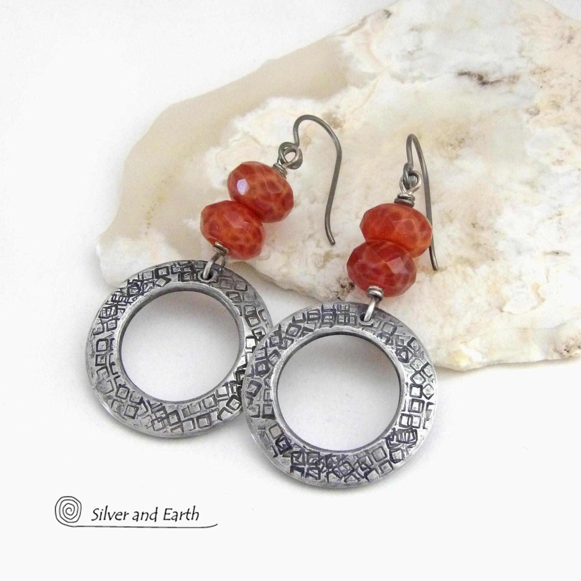 Hand Stamped Silver Pewter Circle Hoop Earrings with Faceted Orange Fire Agate Gemstones