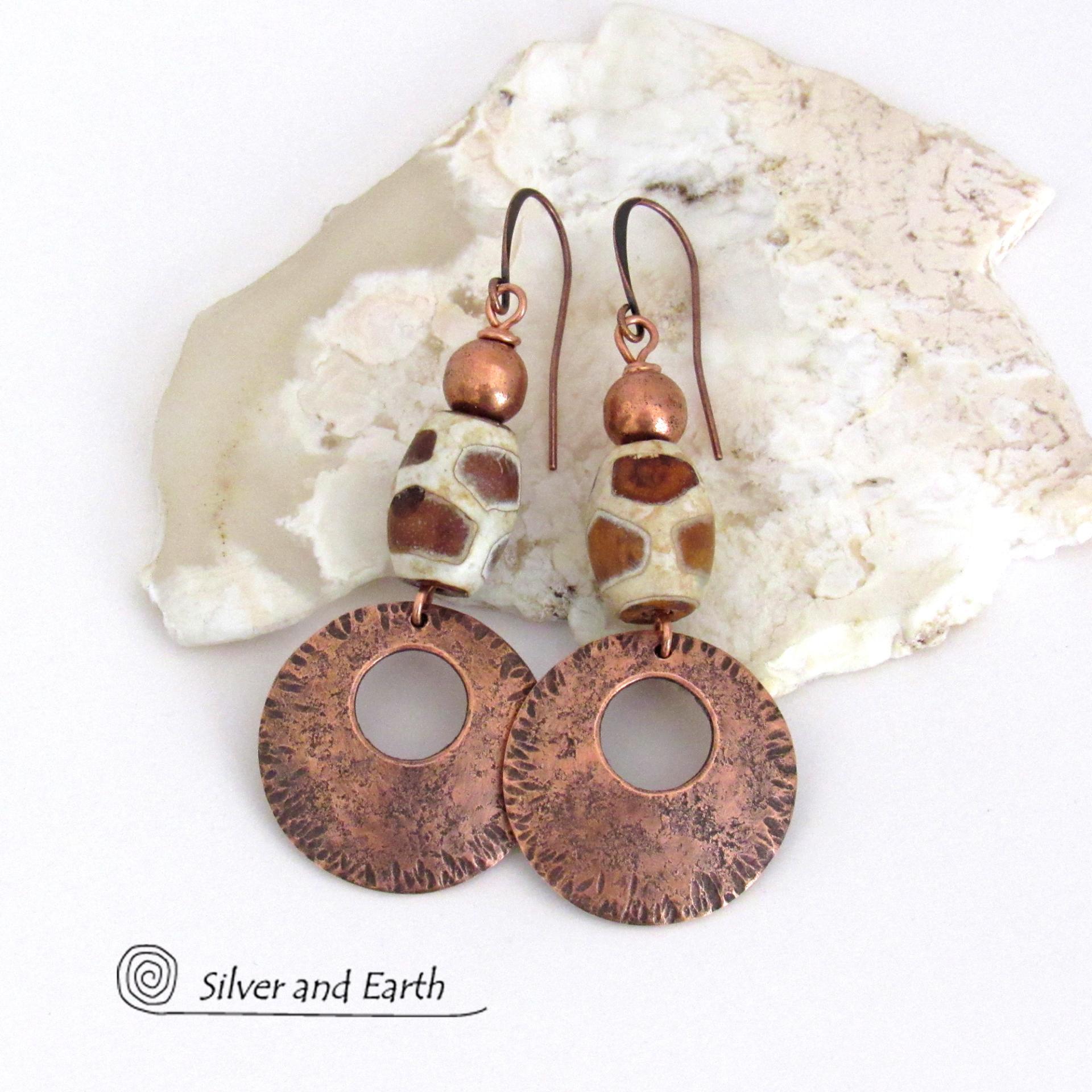 Bold Copper Earrings with Etched African Agate Giraffe Print Beads - Exotic Ethnic Tribal Jewelry