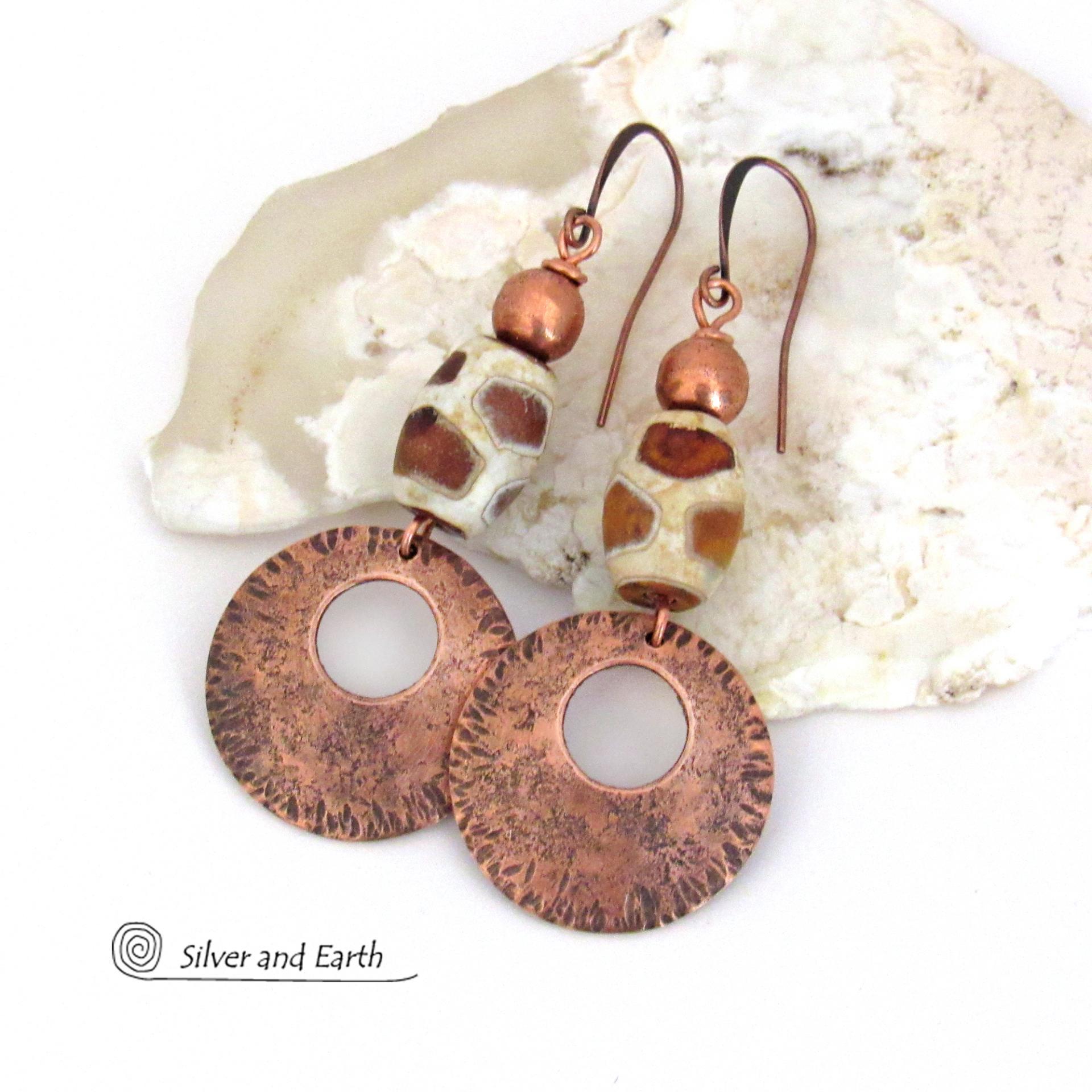 Bold Copper Earrings with Etched African Agate Giraffe Print Beads - Exotic Ethnic Tribal Jewelry