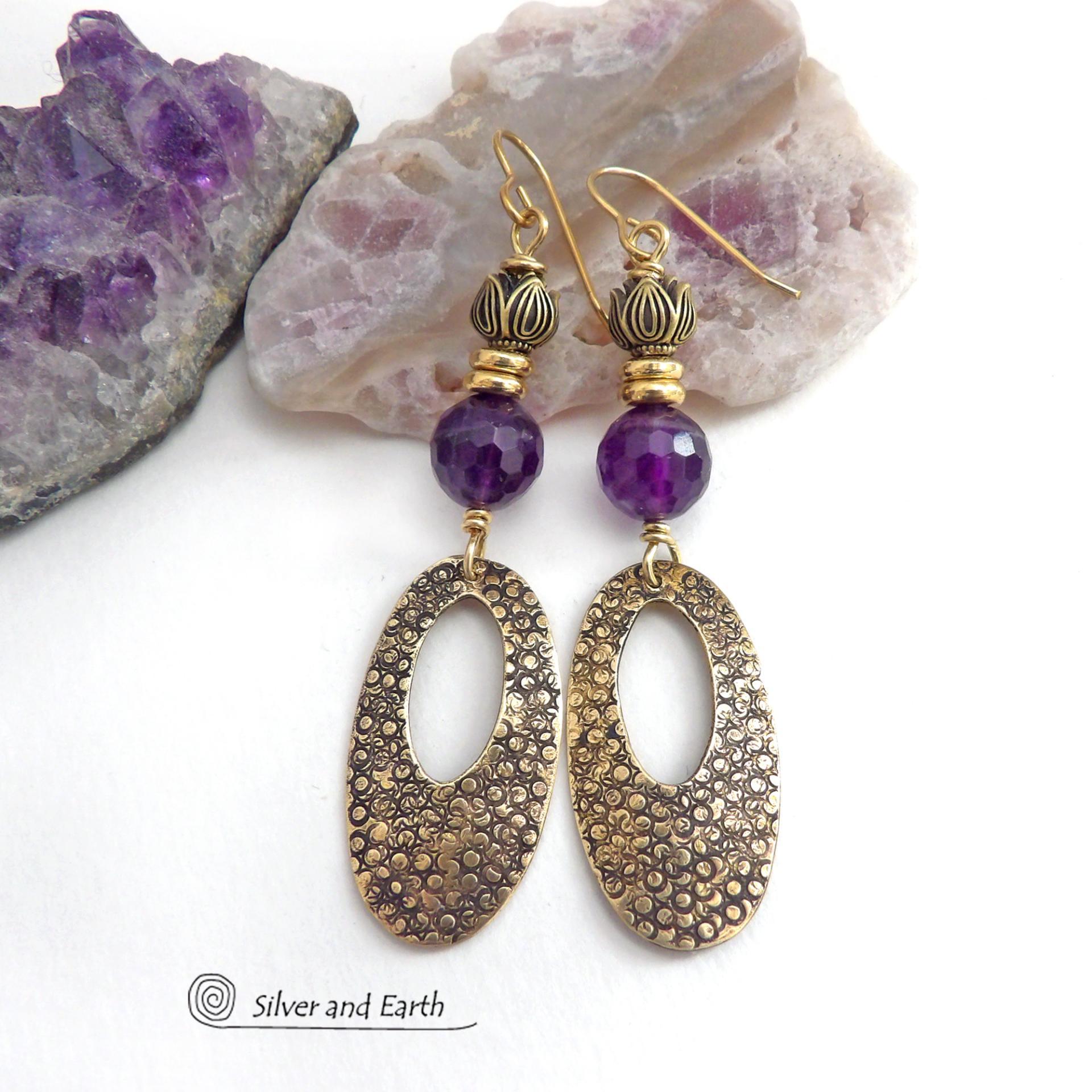 Gold Brass  Earrings with Purple Amethyst Gemstones - Elegant Chic Egyptian Style Jewelry