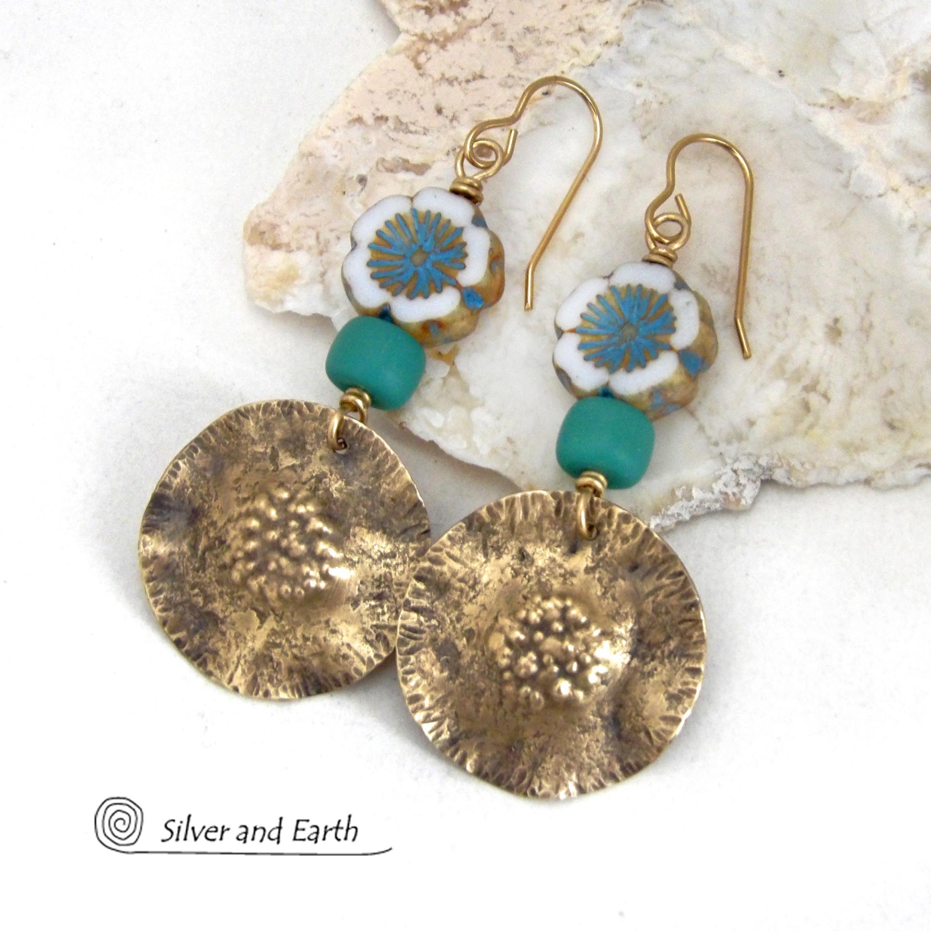 Textured Gold Brass Earrings with White & Blue Flower Glass Beads - Nature Gifts for Women