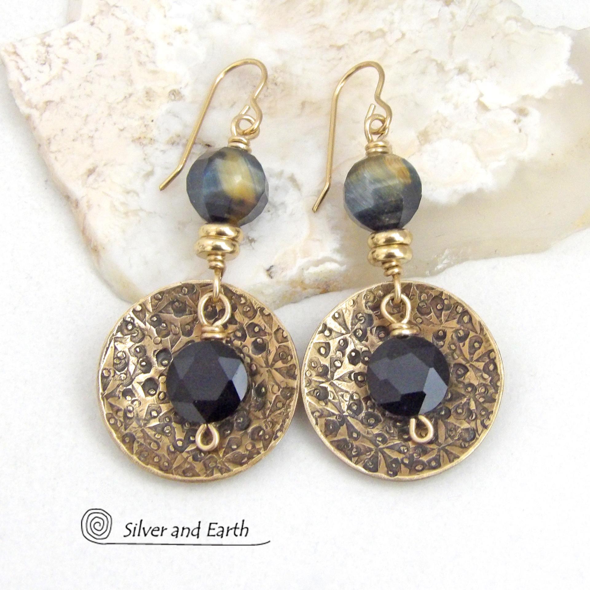 Gold Brass Earrings with Faceted Black Onyx and Golden Black Tiger's Eye Gemstones
