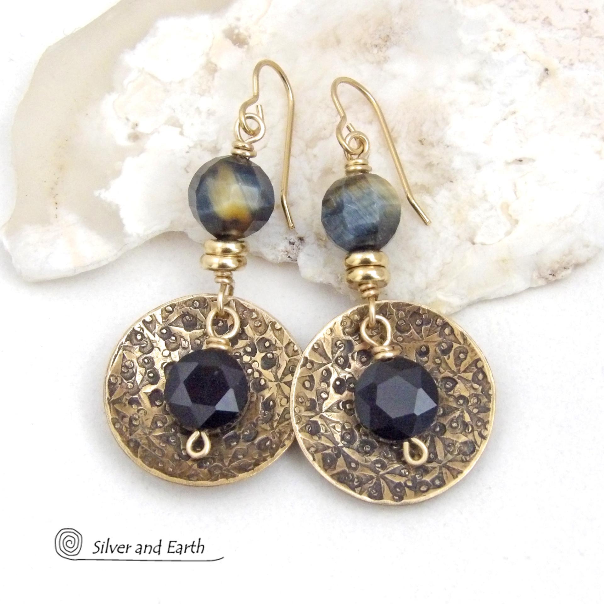 Gold Brass Earrings with Faceted Black Onyx and Golden Black Tiger's Eye Gemstones