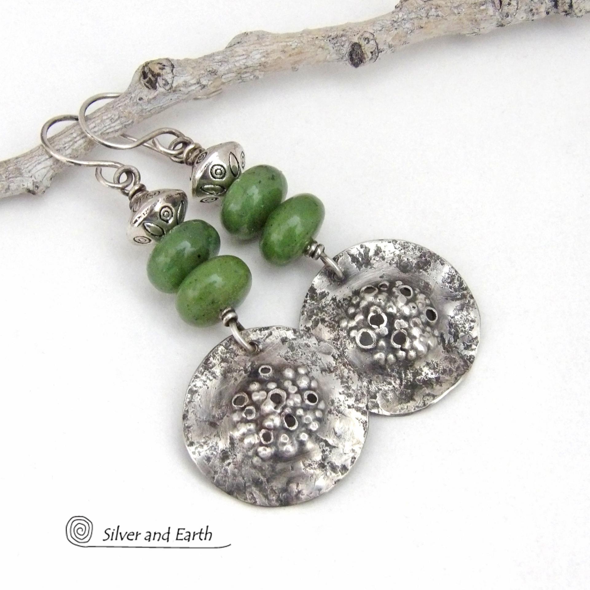 Modern Earthy Sterling Silver Earrings with Canadian Green Jade Gemstones