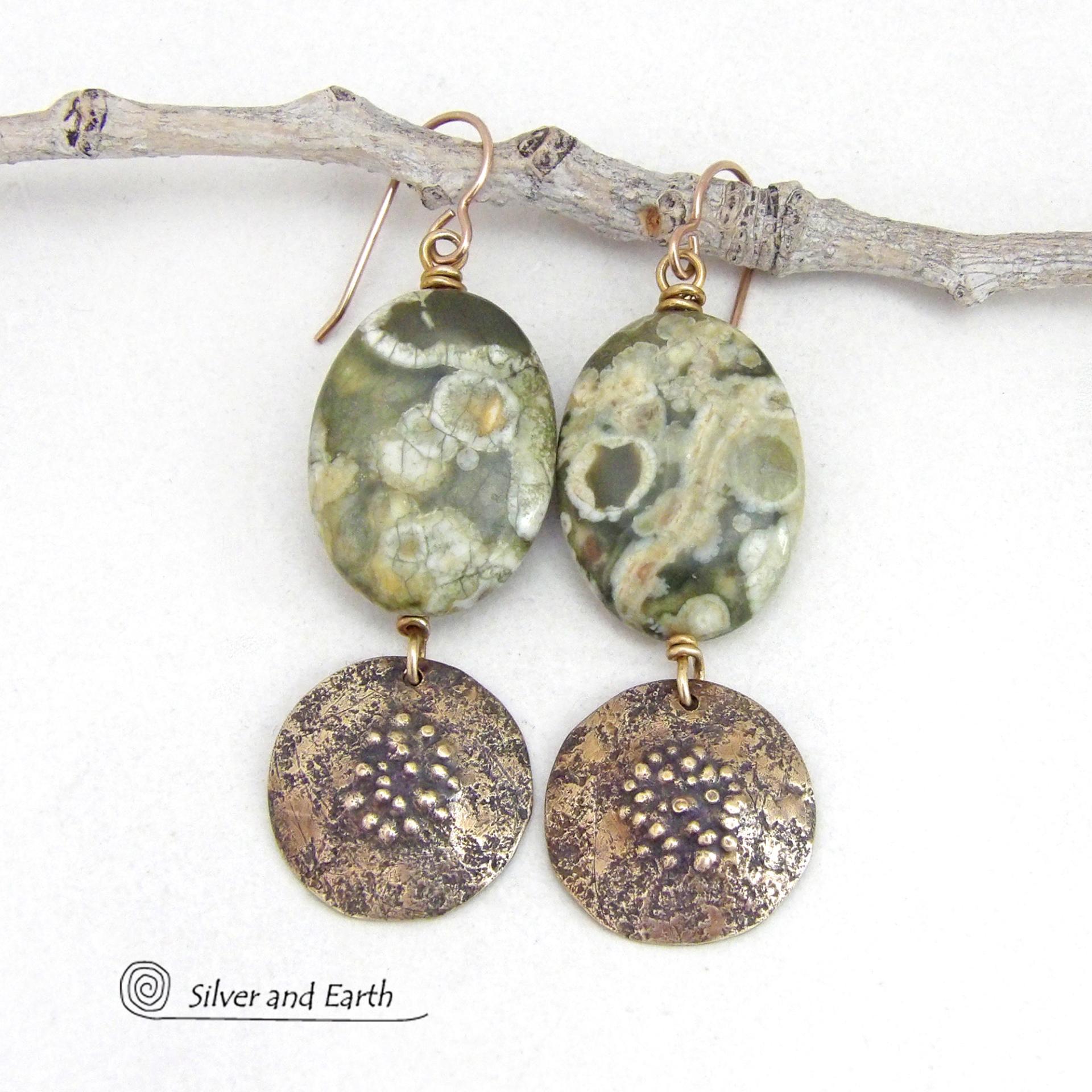 Green Rainforest Jasper Gemstone Earrings with Hammered Gold Brass Dangles