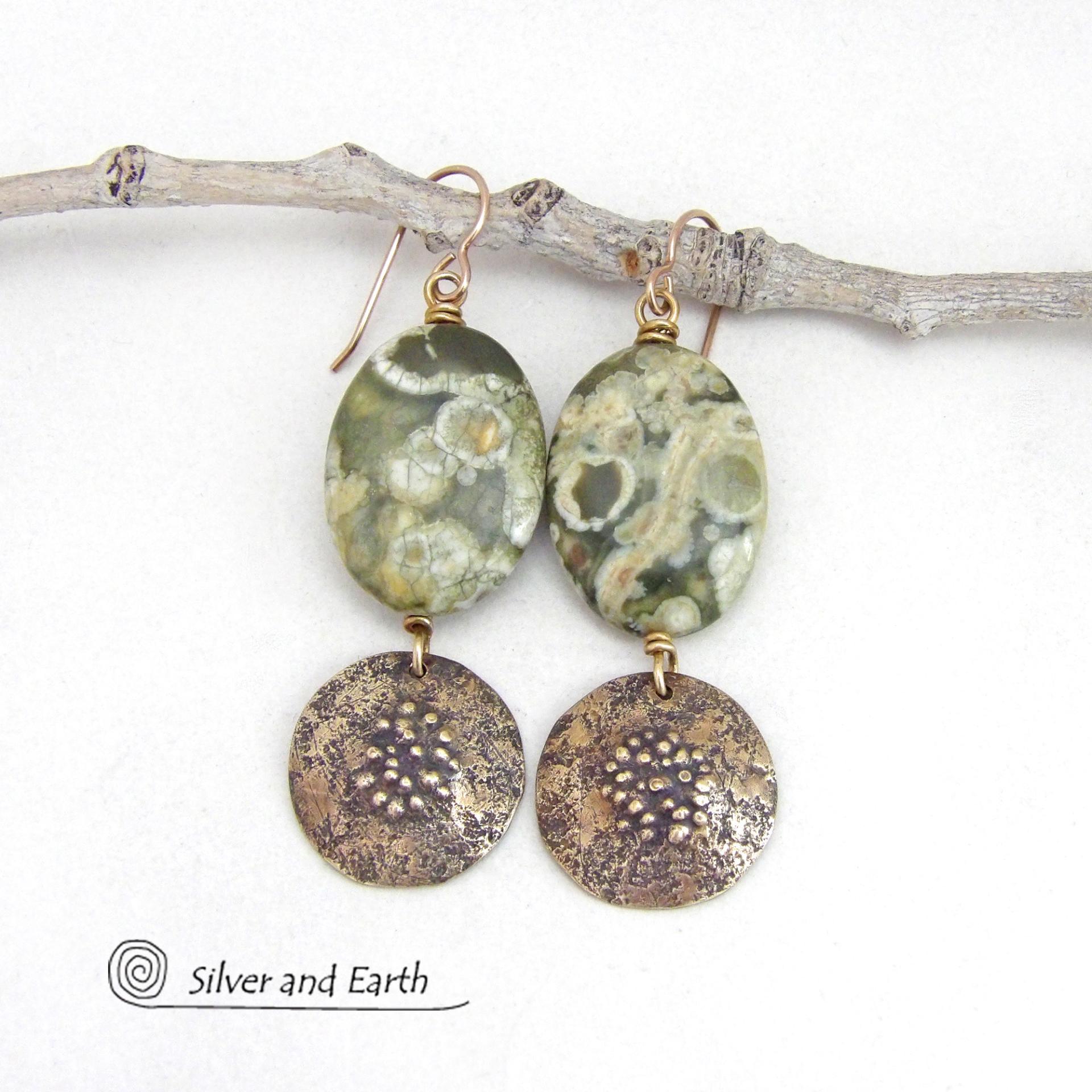 Green Rainforest Jasper Gemstone Earrings with Hammered Gold Brass Dangles