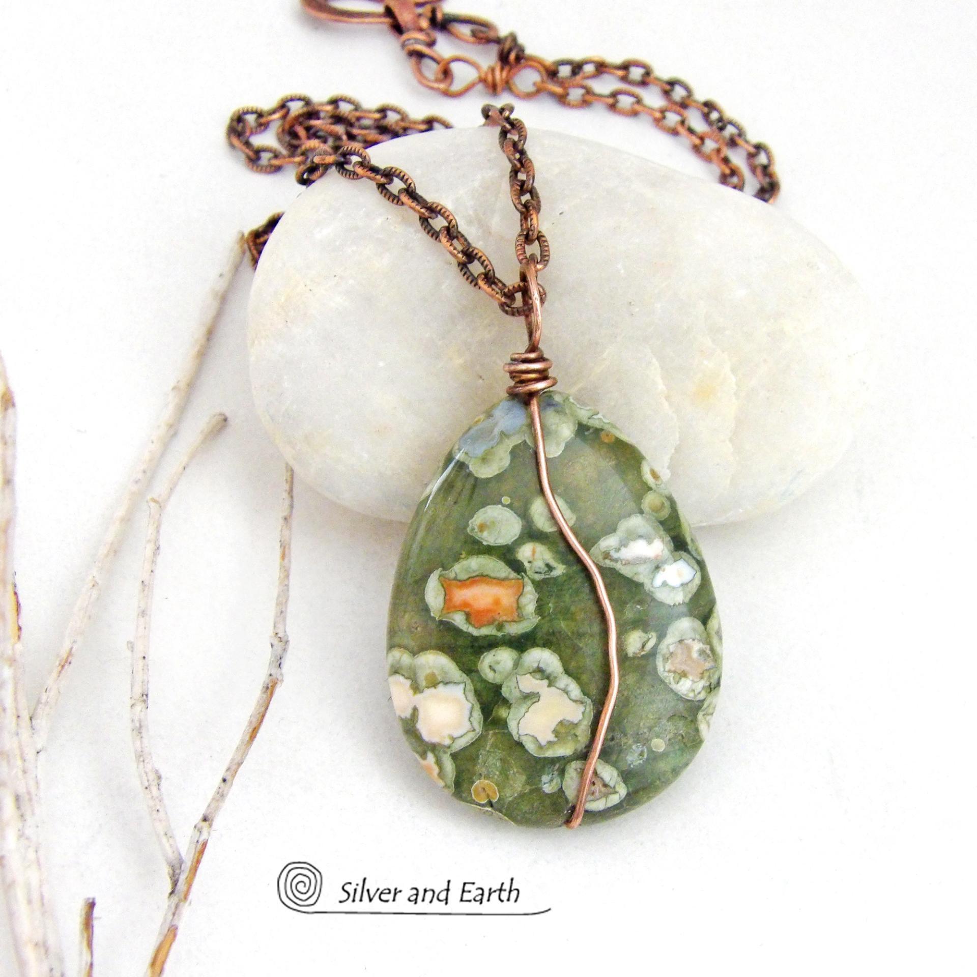 Small Green Rainforest Jasper Stone Pendant on Copper Chain Necklace