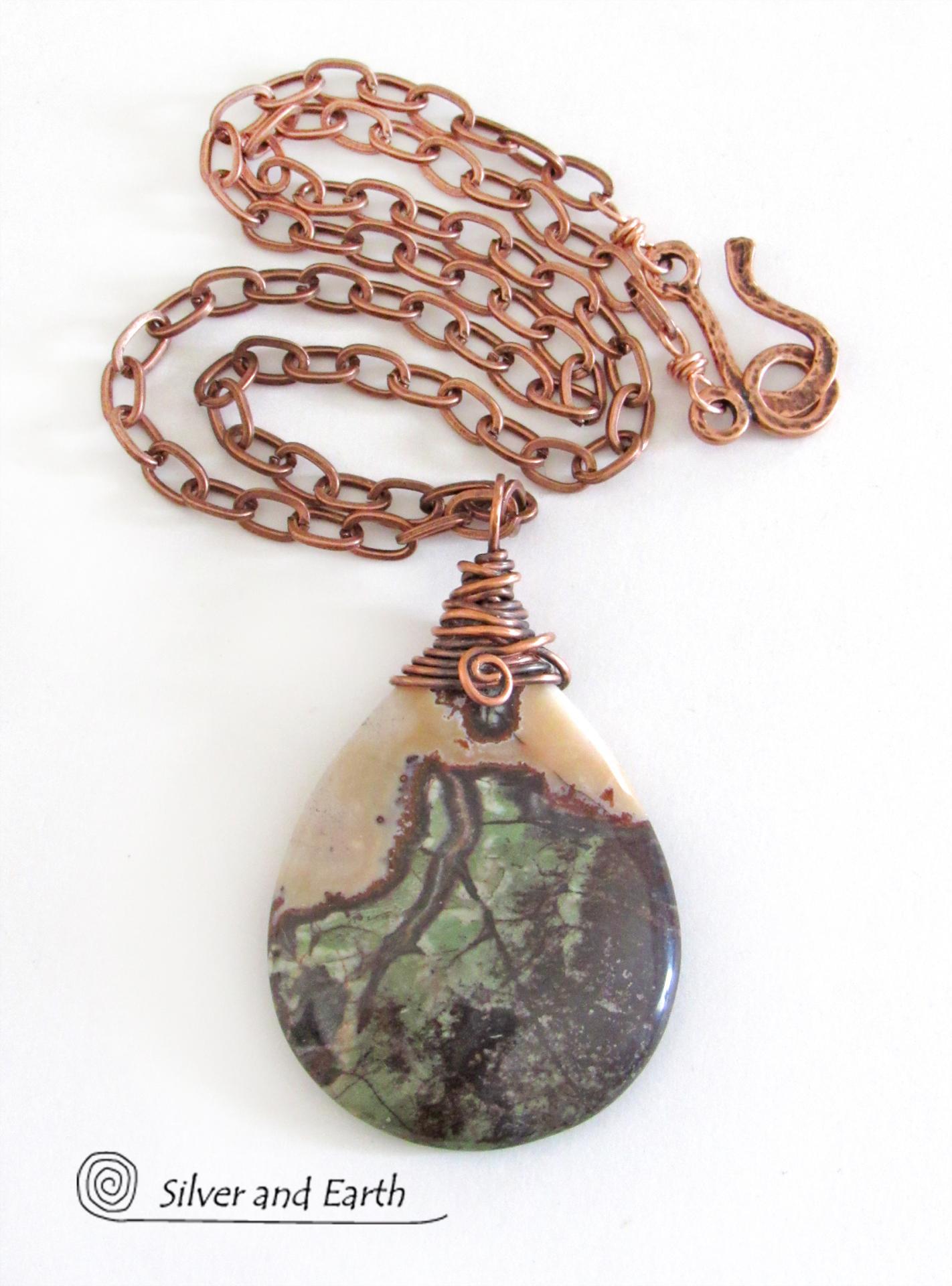 Copper Wire Wrapped Rhyolite Jasper Stone Pendant Necklace - Earthy Boho One of a Kind Natural Gemstone Jewelry