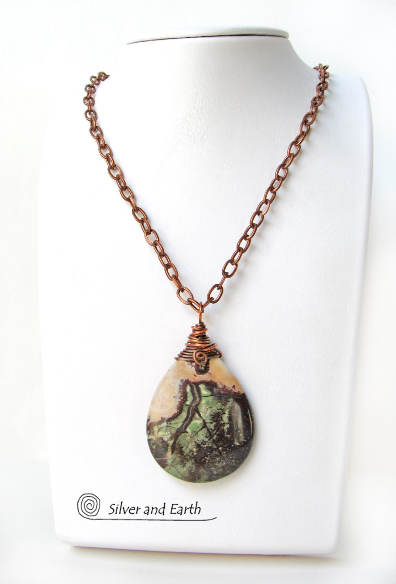 Copper Wire Wrapped Rhyolite Jasper Stone Pendant Necklace - Earthy Boho One of a Kind Natural Gemstone Jewelry