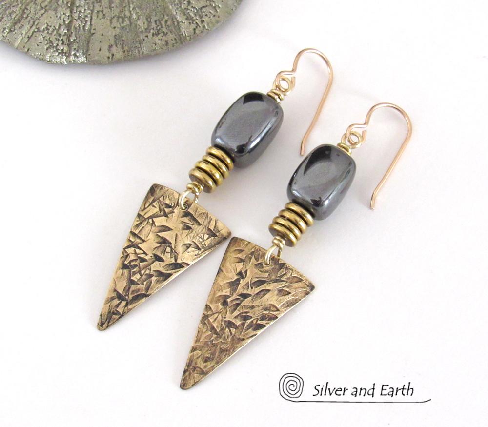 Gold Brass Triangle Earrings with Hematite Gemstones - Geometric Modern Contemporary Style Jewelry