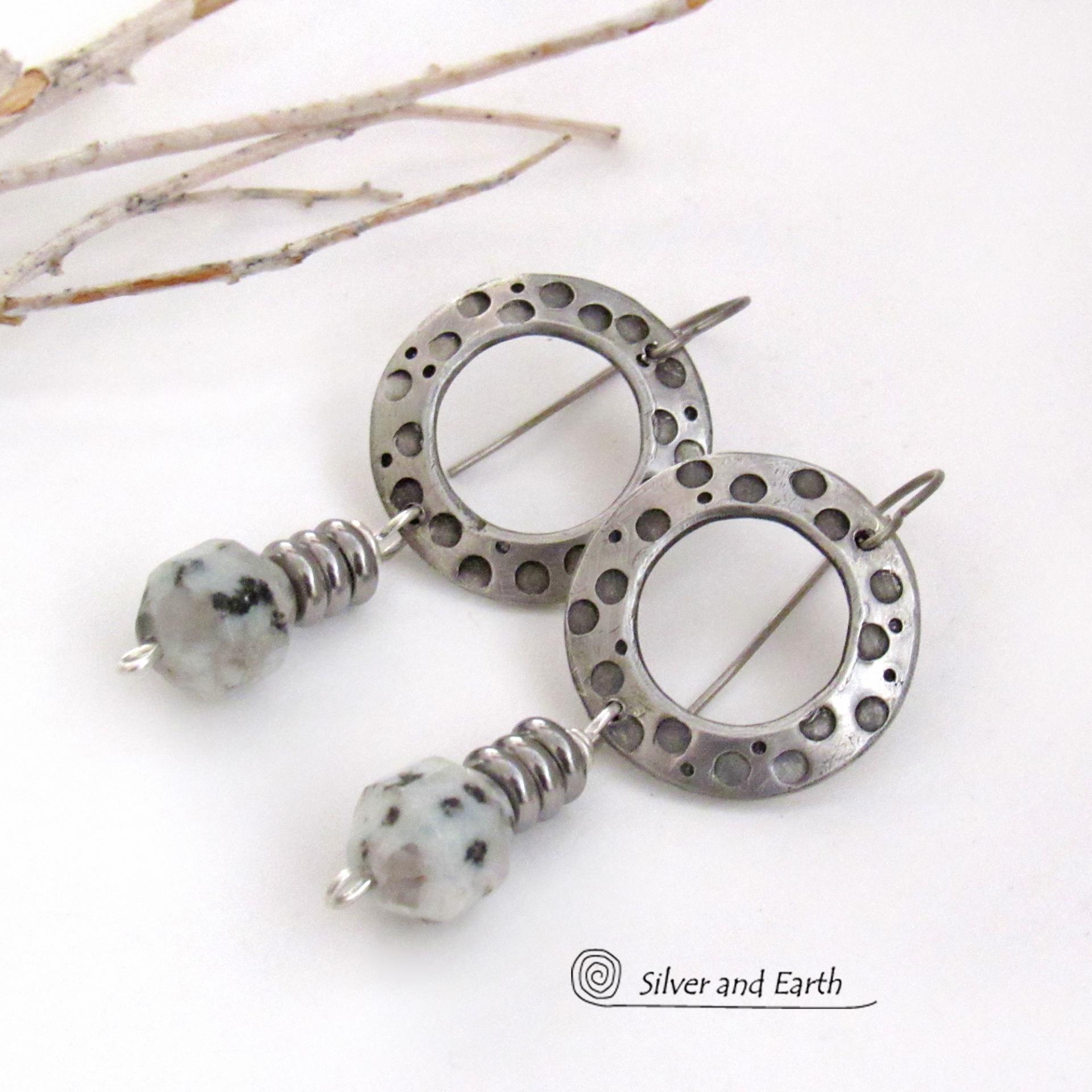 Silver Pewter Hand Stamped Hoop Earrings with Kiwi Jasper Stones - Modern Earthy Natural Stone Jewelry