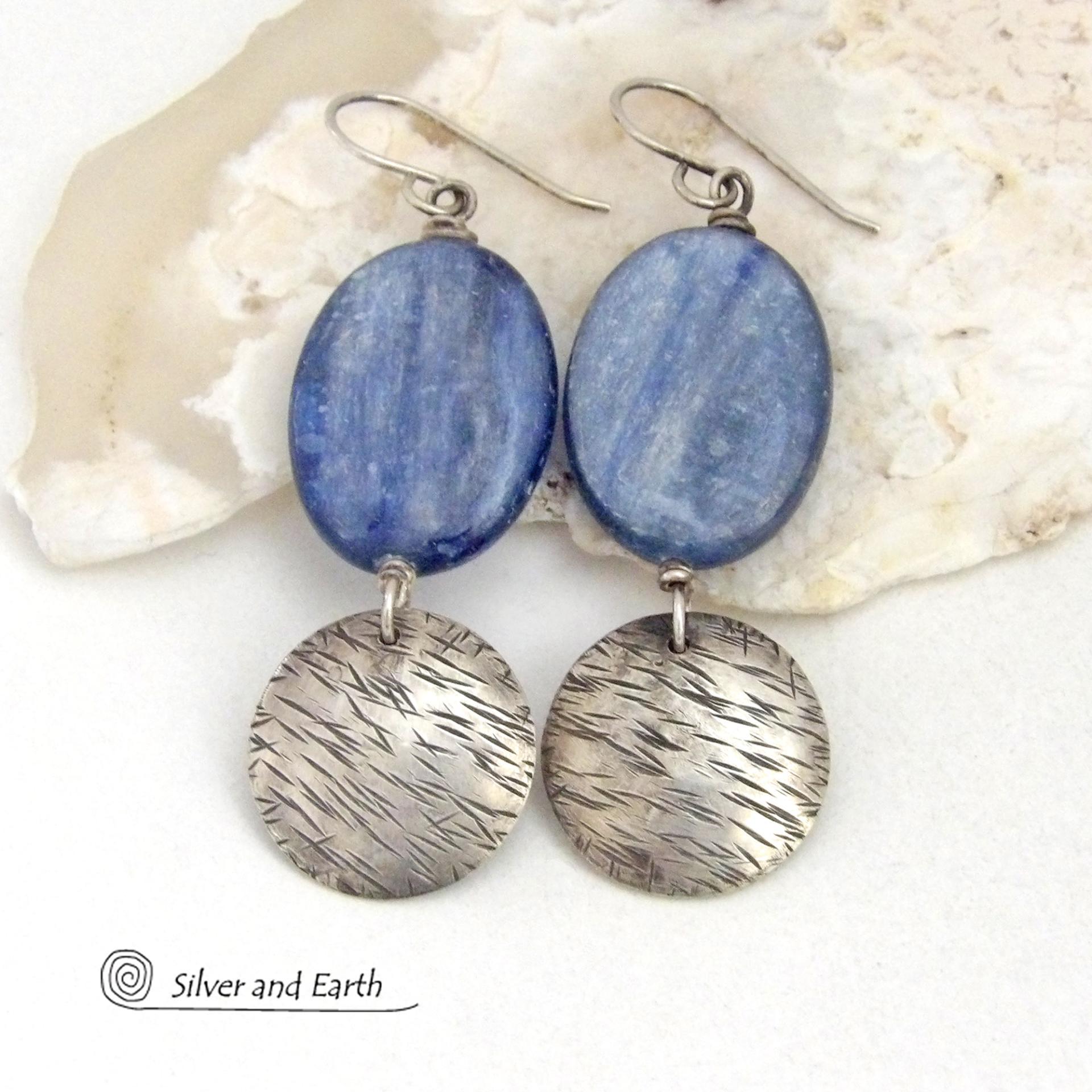 Blue Kyanite Earrings with Sterling Silver Dangles - Natural Gemstone Jewelry