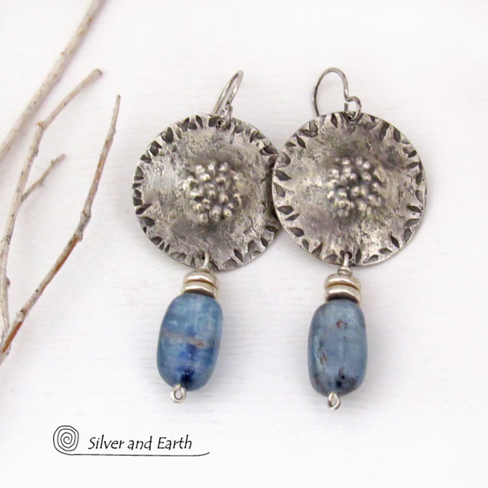 Textured Sterling Silver Earrings with Blue Kyanite Dangles - Artisan Handcrafted Sterling and Gemstone Jewelry