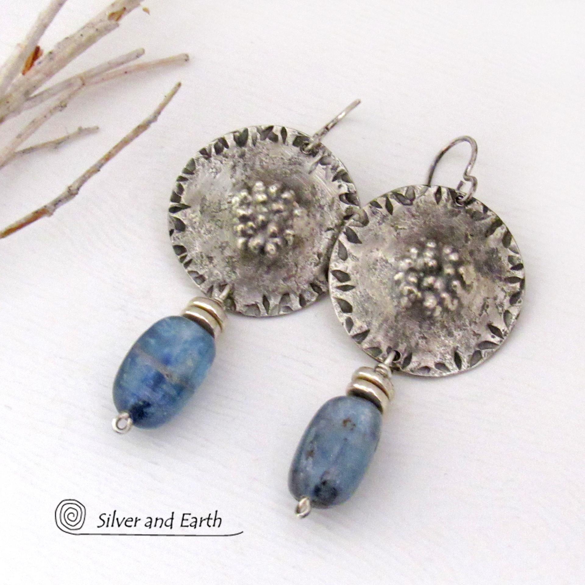 Textured Sterling Silver Earrings with Blue Kyanite Dangles - Artisan Handcrafted Sterling and Gemstone Jewelry