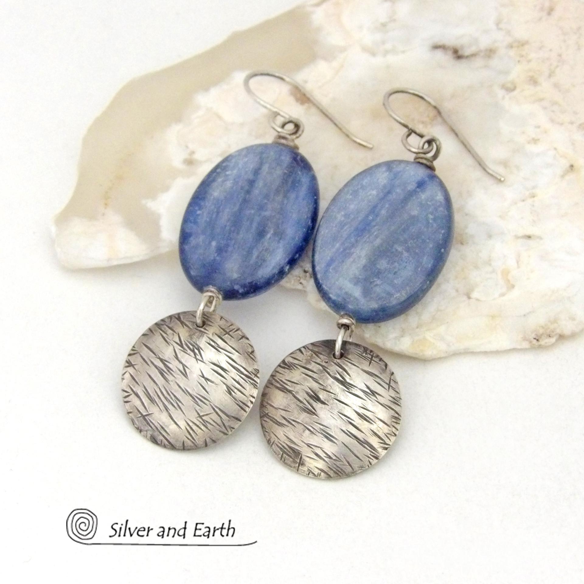 Blue Kyanite Earrings with Sterling Silver Dangles - Natural Gemstone Jewelry