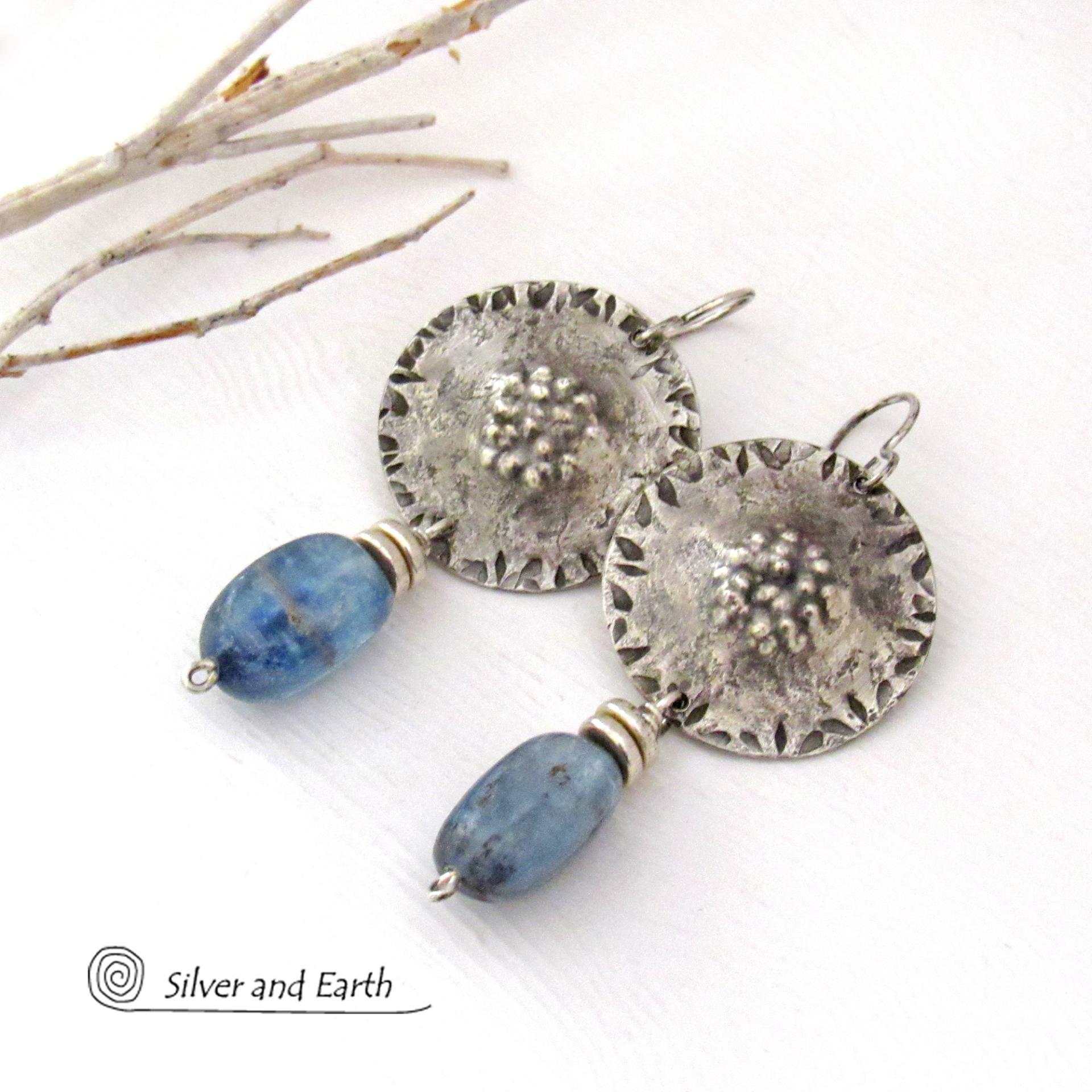 Textured Sterling Silver Earrings with Blue Kyanite Dangles - Artisan Handcrafted Sterling and Gemstone Jewelry