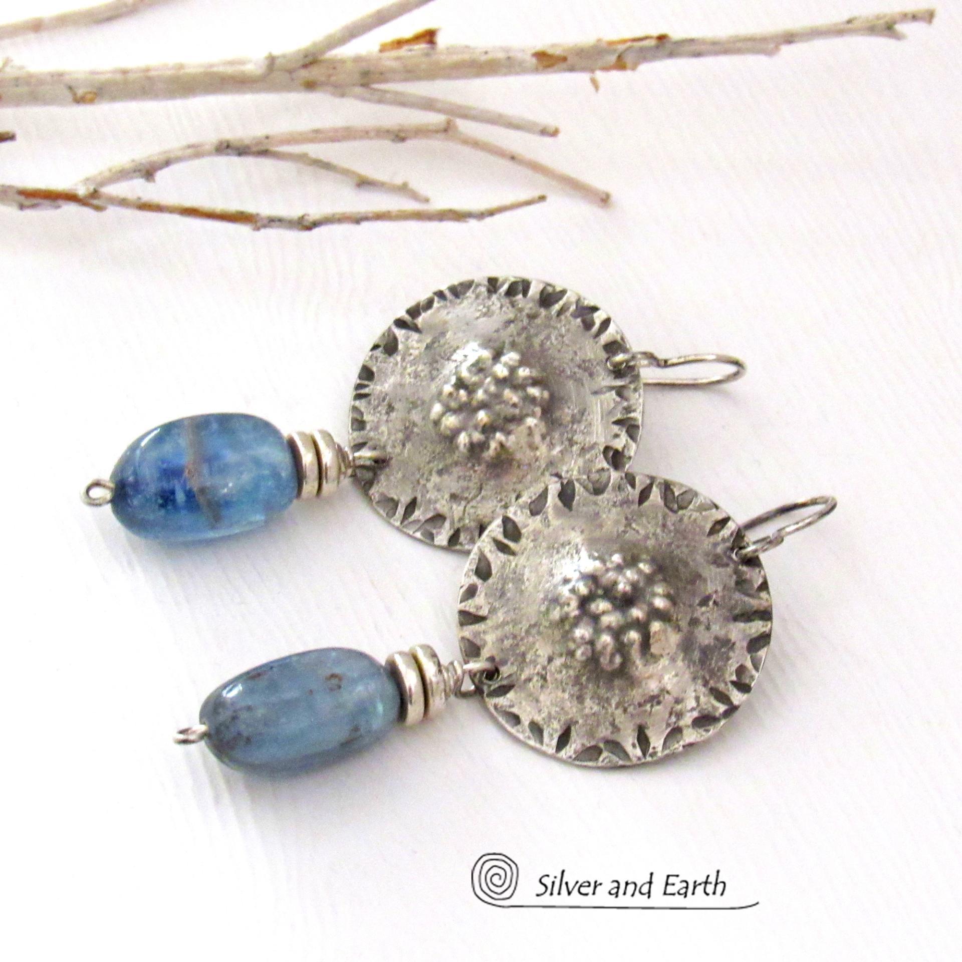 Textured Sterling Silver Earrings with Blue Kyanite Dangles - Artisan Handcrafted Sterling and Gemstone Jewelry