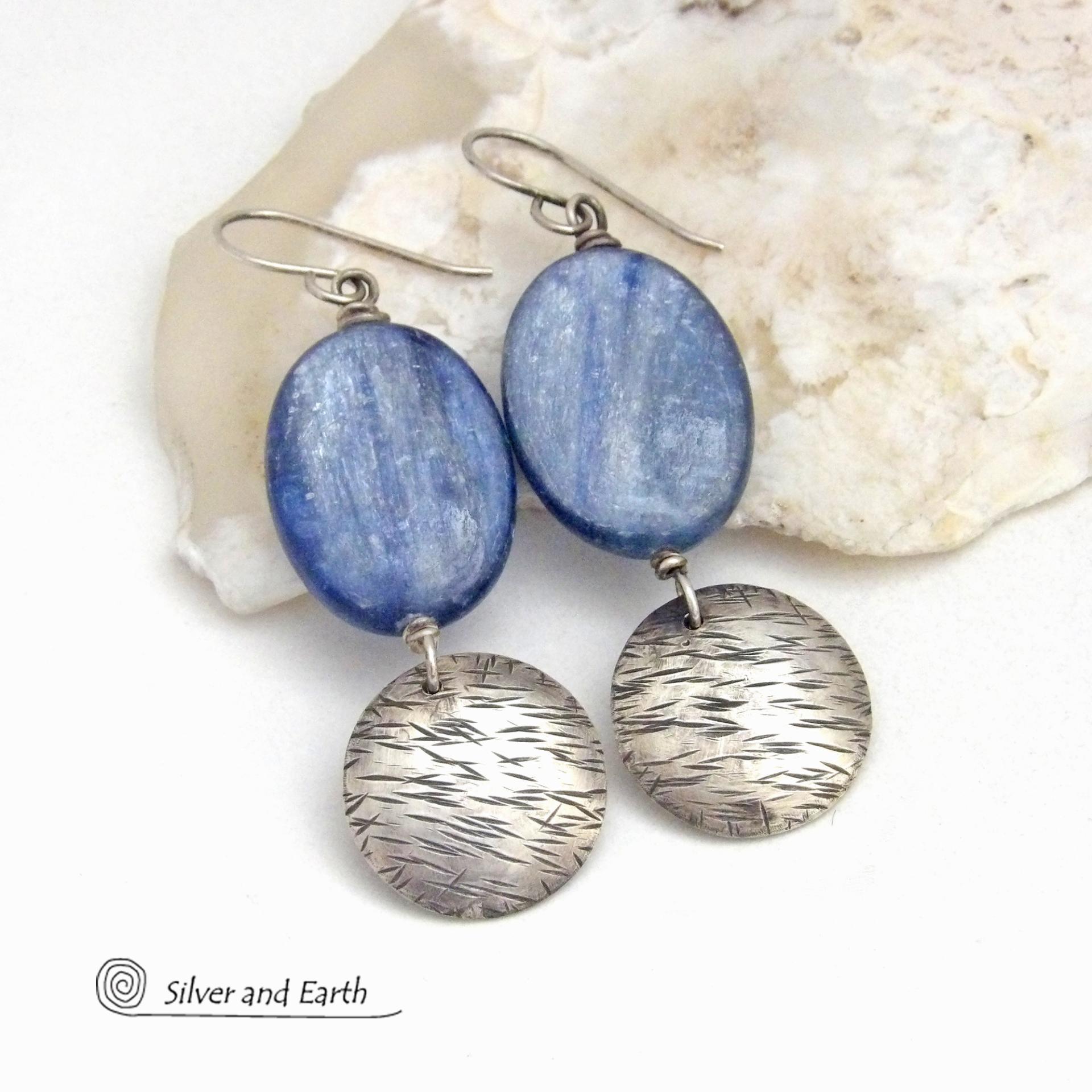 Blue Kyanite Earrings with Sterling Silver Dangles - Natural Gemstone Jewelry