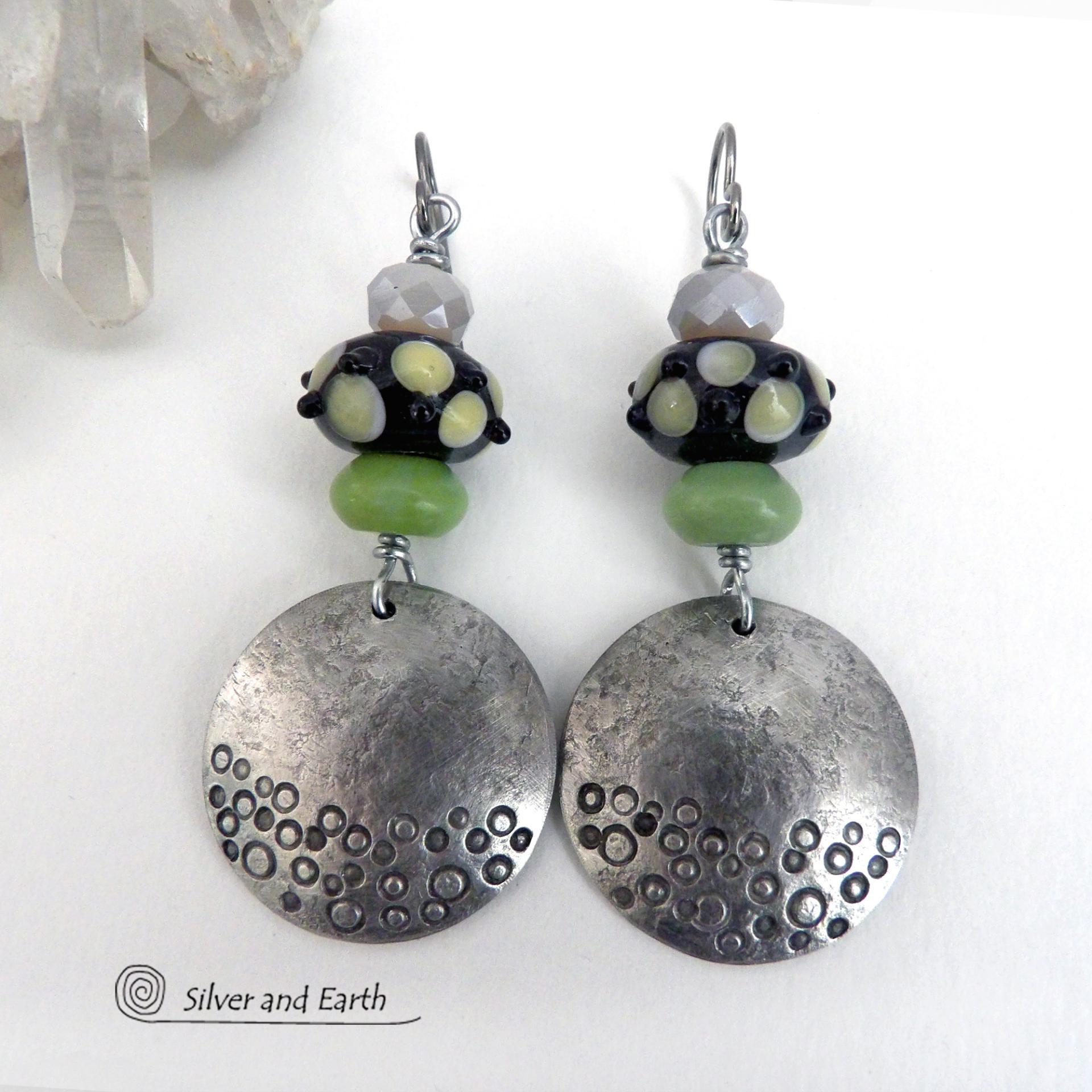 Pewter Earrings with Lampwork Beads and Green Serpentine Stones - Handcrafted Modern Boho Chic Jewelry