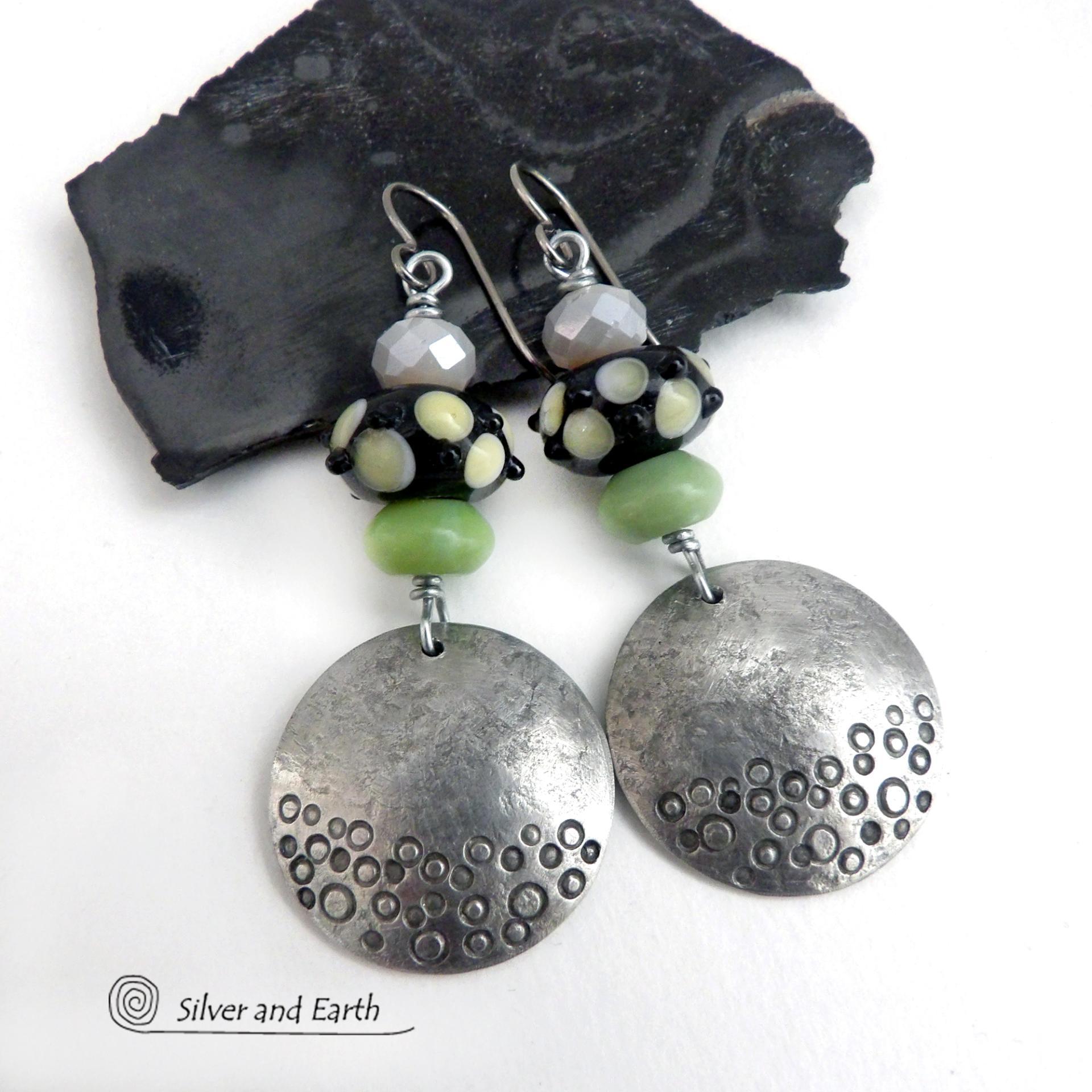 Pewter Earrings with Lampwork Beads and Green Serpentine Stones - Handcrafted Modern Boho Chic Jewelry