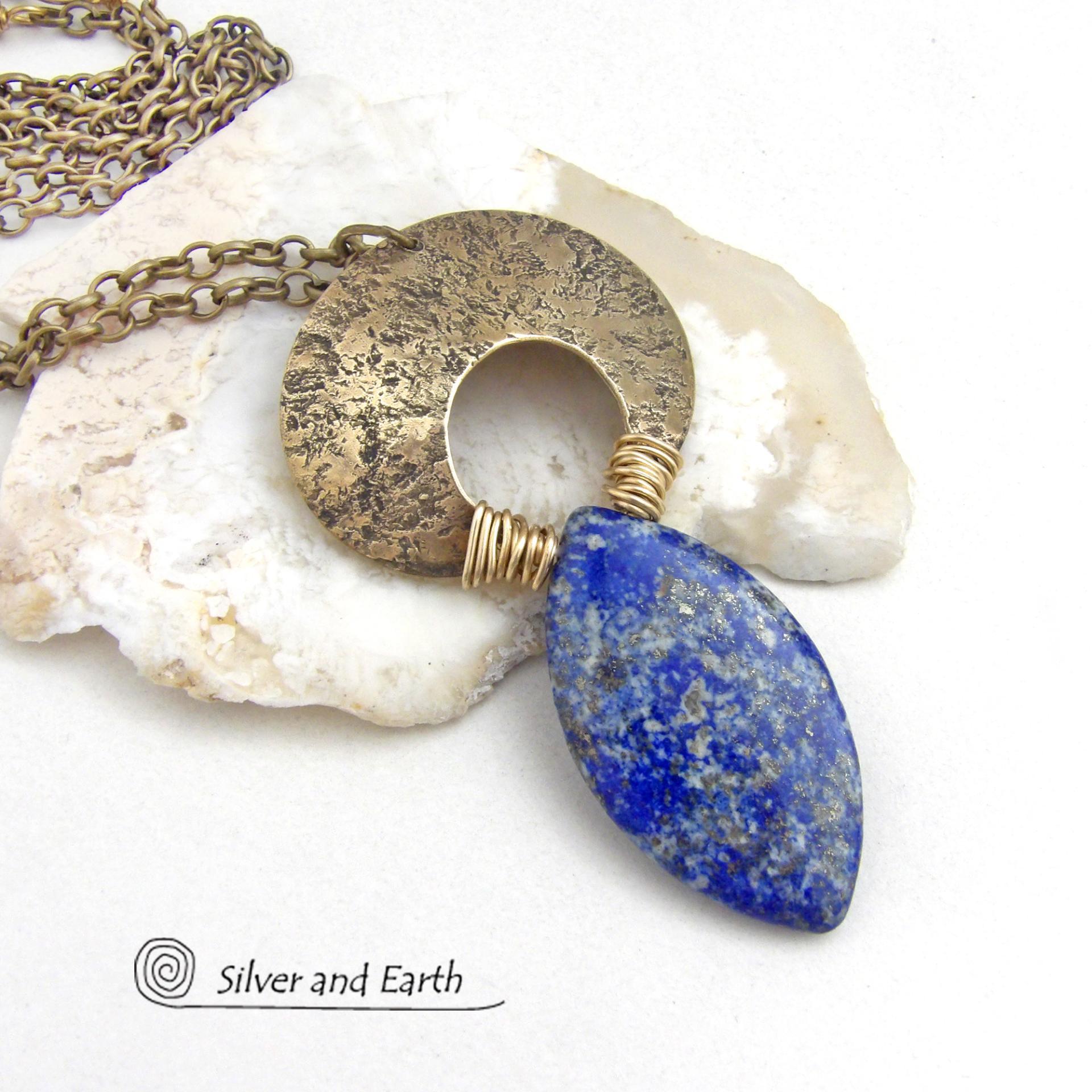 Blue Lapis Lazuli Gold Brass Pendant Necklace - Bold Chic Natural Gemstone Jewelry