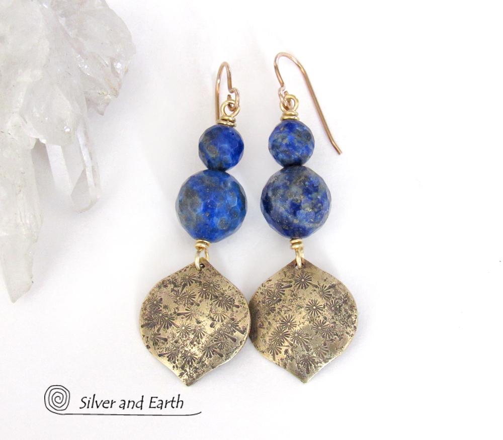 Faceted Blue Lapis Lazuli Earrings with Gold Brass Dangles - Elegant Chic Modern Faceted Gemstone Jewelry