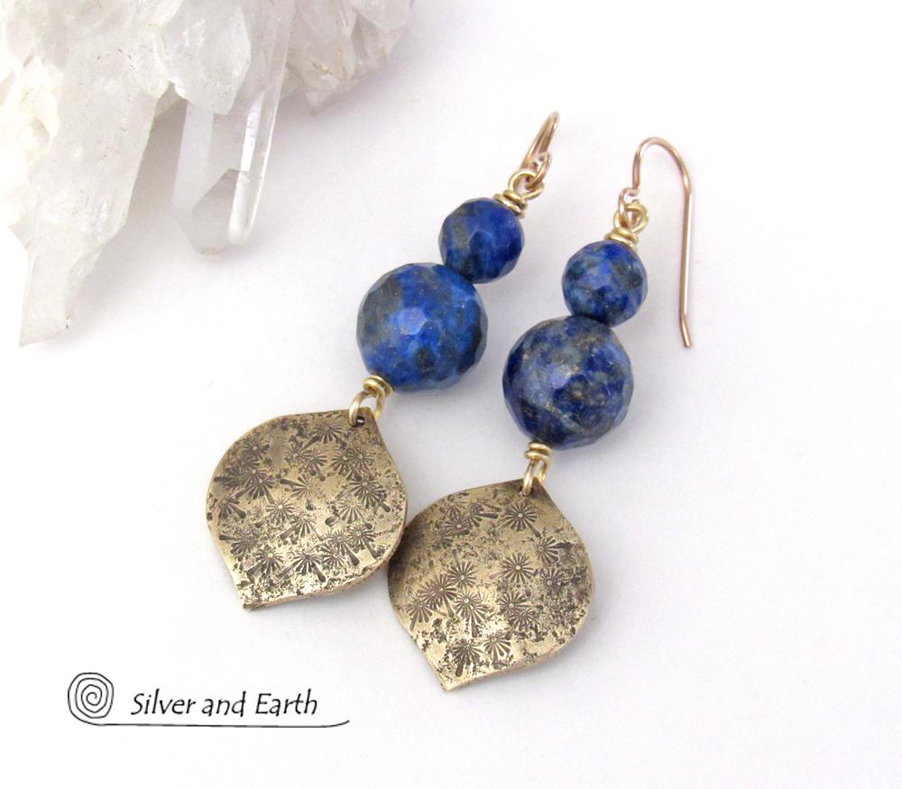 Faceted Blue Lapis Lazuli Earrings with Gold Brass Dangles - Elegant Chic Modern Faceted Gemstone Jewelry