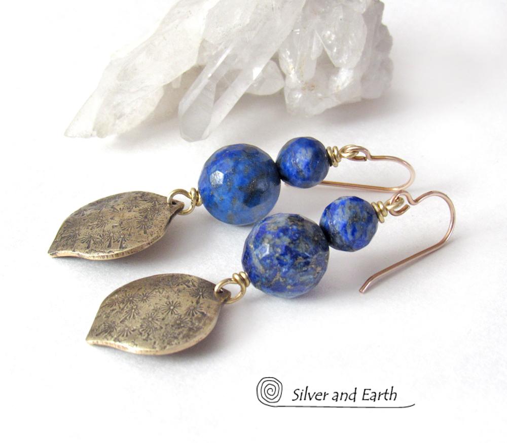 Faceted Blue Lapis Lazuli Earrings with Gold Brass Dangles - Elegant Chic Modern Faceted Gemstone Jewelry