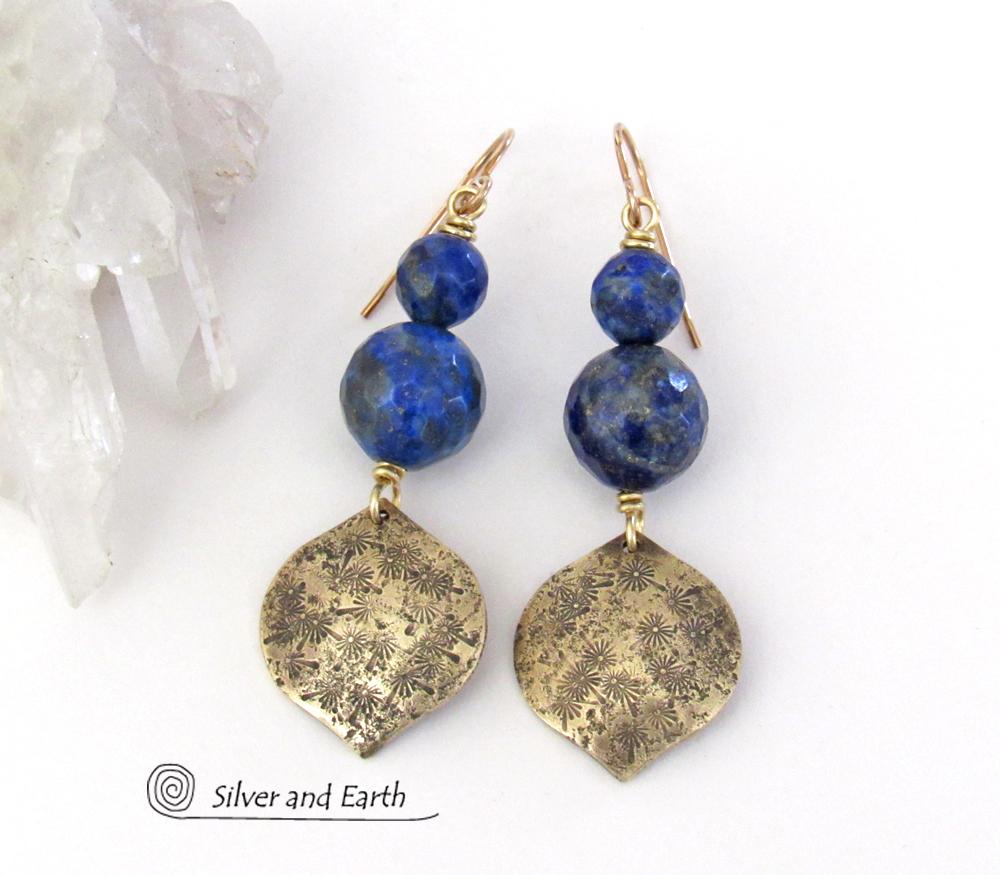 Faceted Blue Lapis Lazuli Earrings with Gold Brass Dangles - Elegant Chic Modern Faceted Gemstone Jewelry