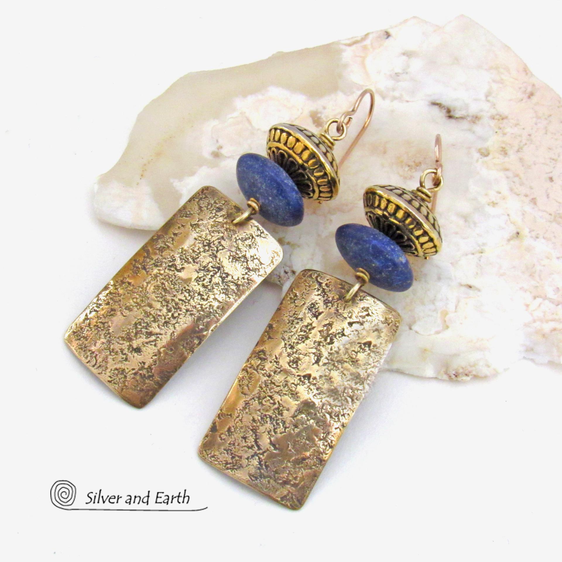 Gold Brass Earrings with Blue Lapis Lazuli Gemstones - Artisan Handcrafted Modern Elegant Boho Chic Jewelry