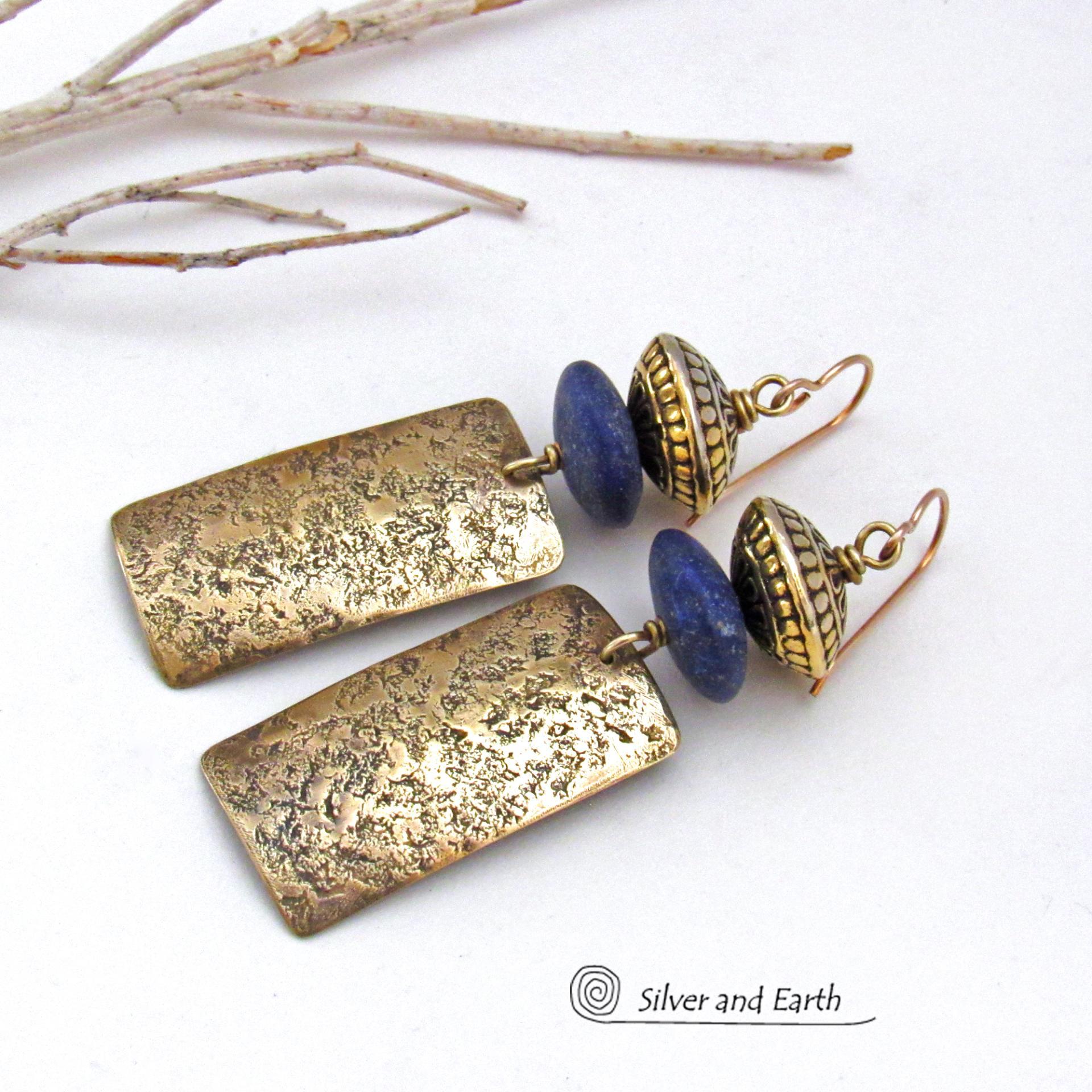 Gold Brass Earrings with Blue Lapis Lazuli Gemstones - Artisan Handcrafted Modern Elegant Boho Chic Jewelry