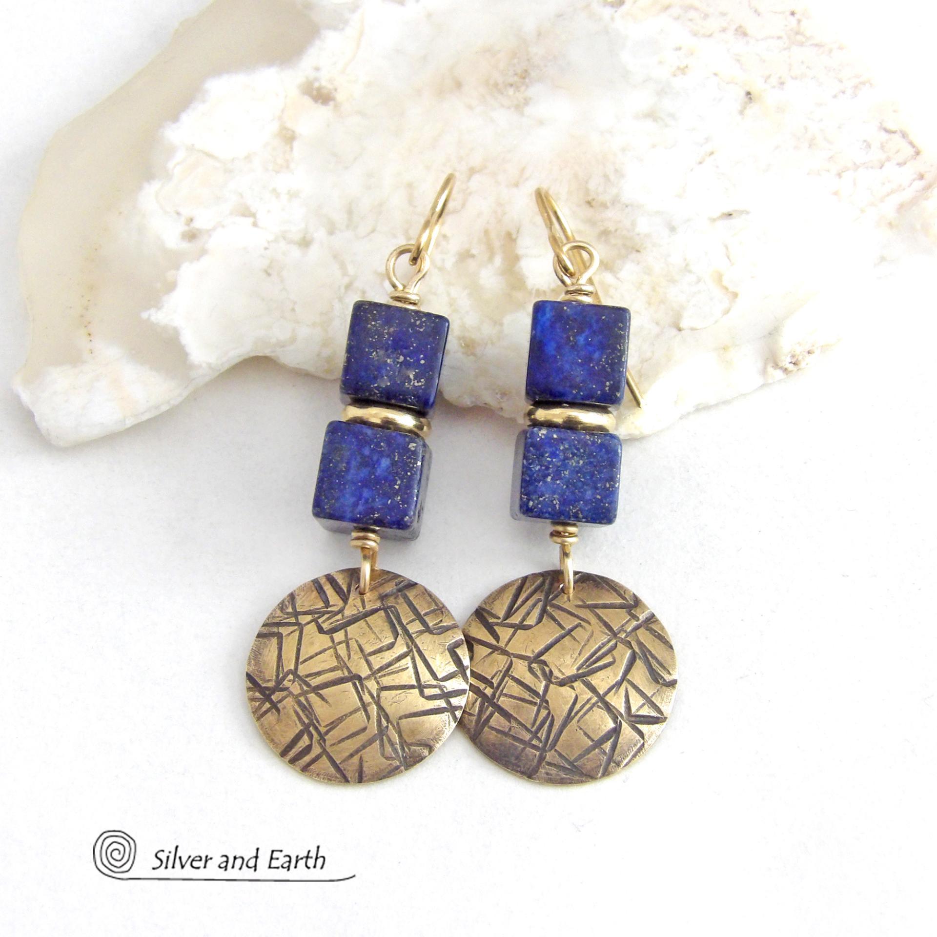 Blue Lapis Lazuli Gemstone Earrings with Small Hand Stamped Gold Brass Dangles