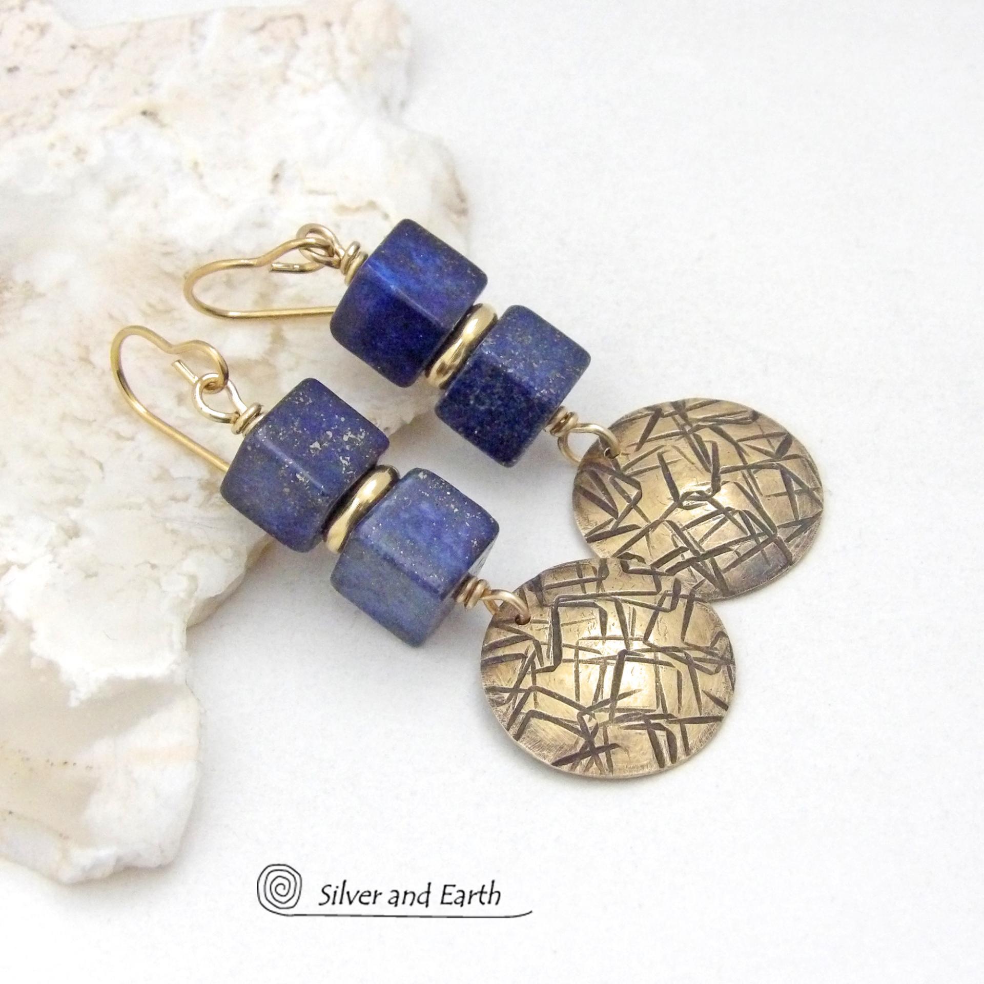 Blue Lapis Lazuli Gemstone Earrings with Small Hand Stamped Gold Brass Dangles