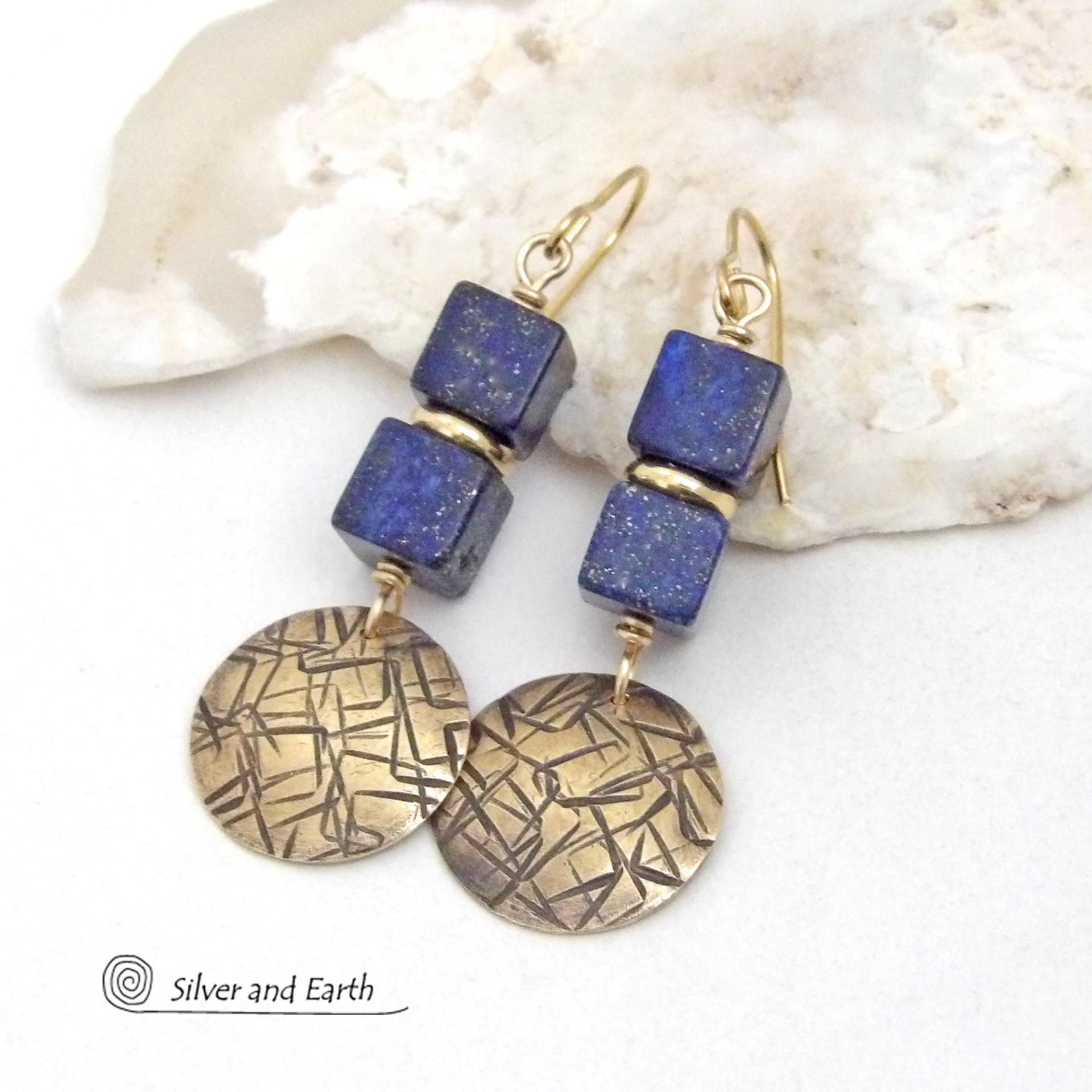 Blue Lapis Lazuli Gemstone Earrings with Small Hand Stamped Gold Brass Dangles