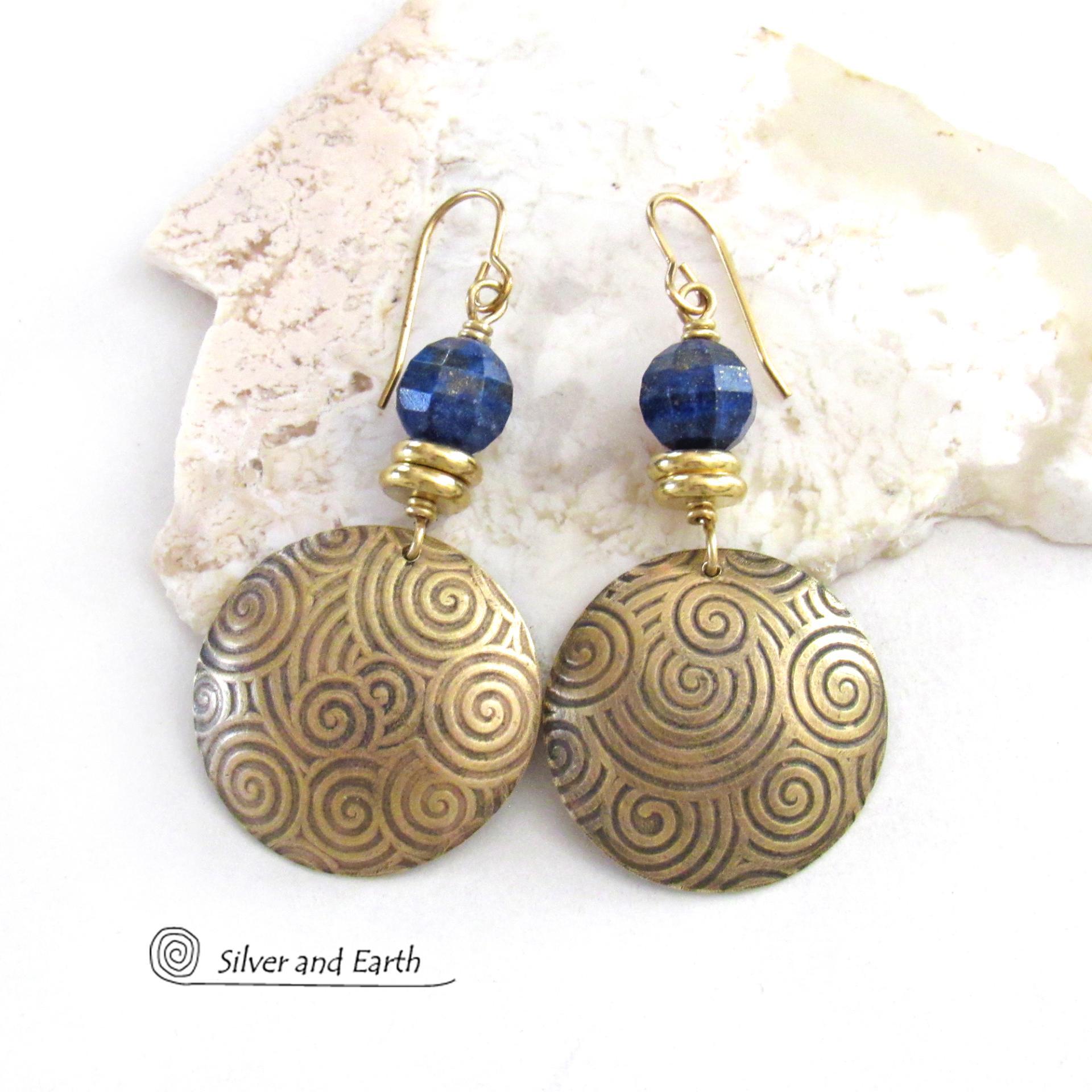 Gold Brass Spiral Earrings with Faceted Blue Lapis Lazuli Gemstones - Bold Exotic Egyptian Inspired Jewelry